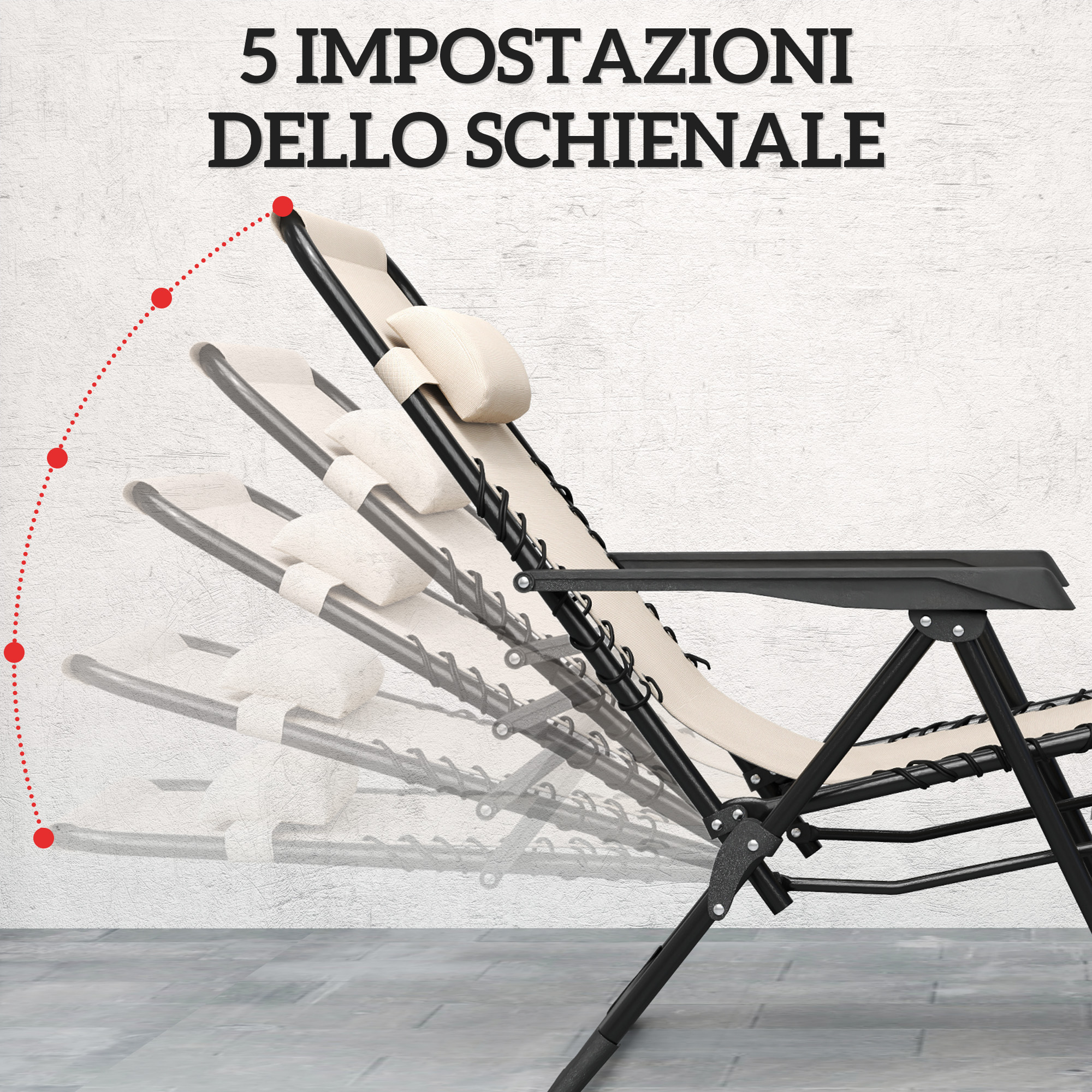 Sedia lounge beige con telaio nero mostrata in più posizioni.