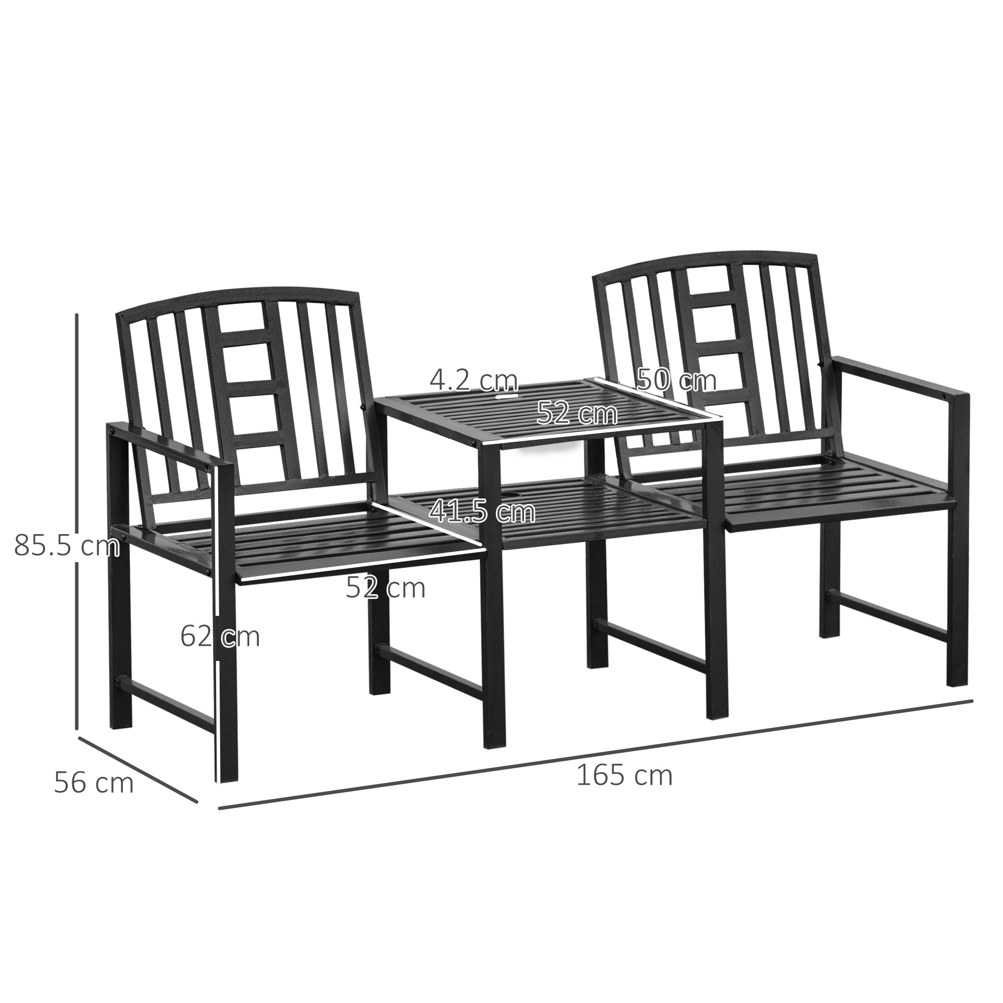 Un set di sedute da panchina in metallo nero con tavolo, dimensioni mostrate.
