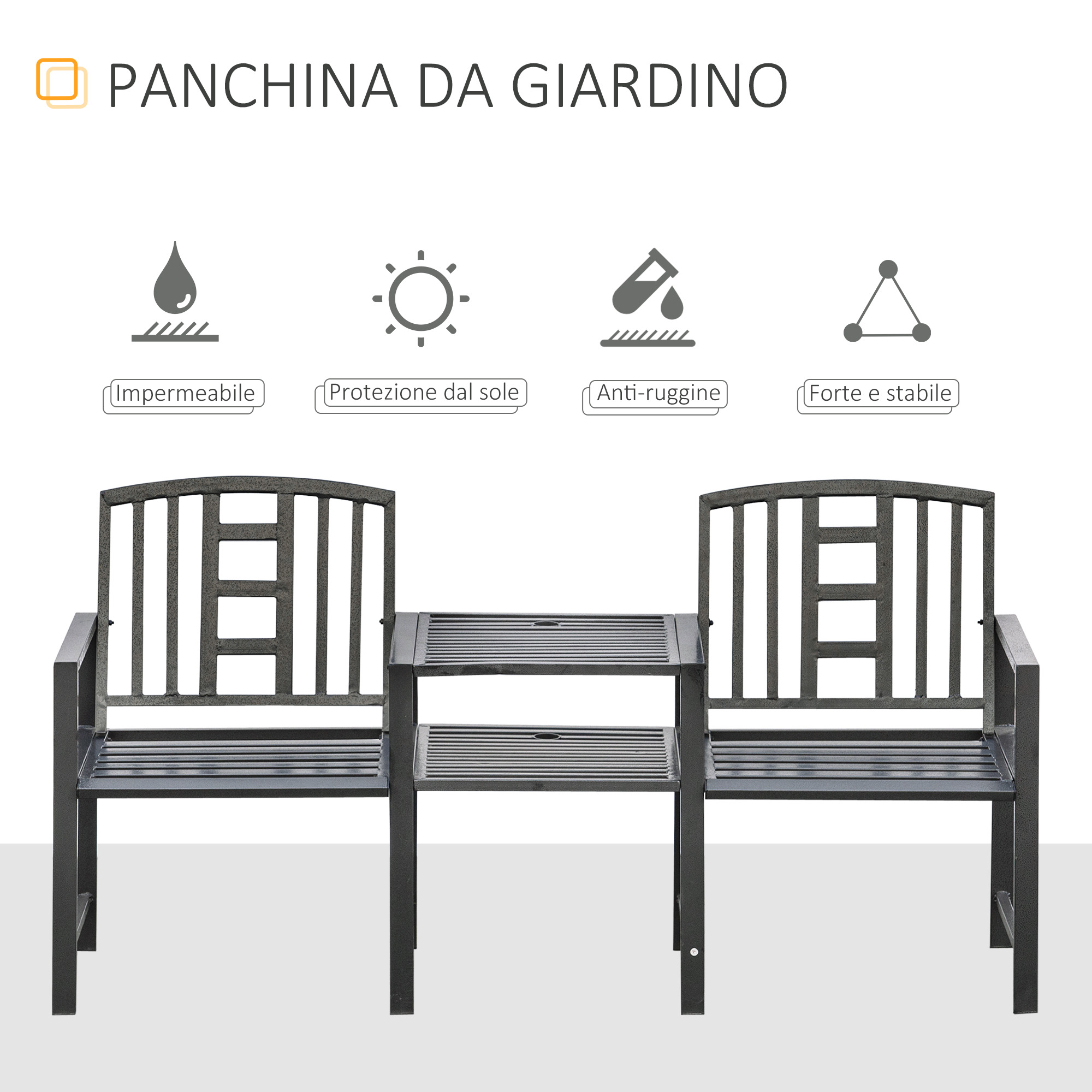 Una panchina da giardino in metallo grigio scuro con un tavolino al centro. Sopra ci sono quattro icone.