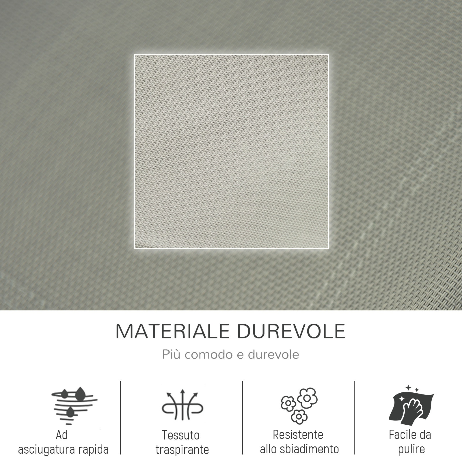 Materiale grigio testurizzato che indica asciugatura rapida, traspirante e facile da pulire.