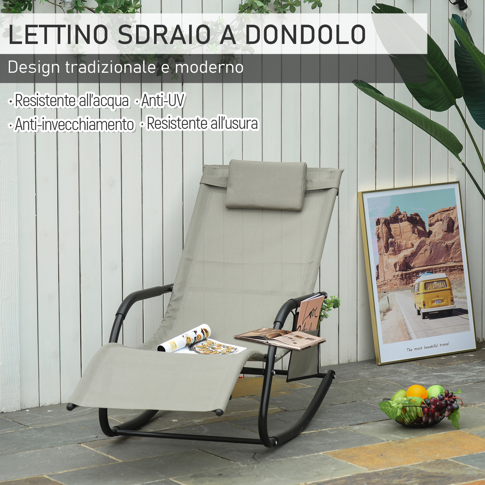 Una sedia a dondolo grigia con poggiatesta è su un patio. Un quadro e della frutta sono vicini.