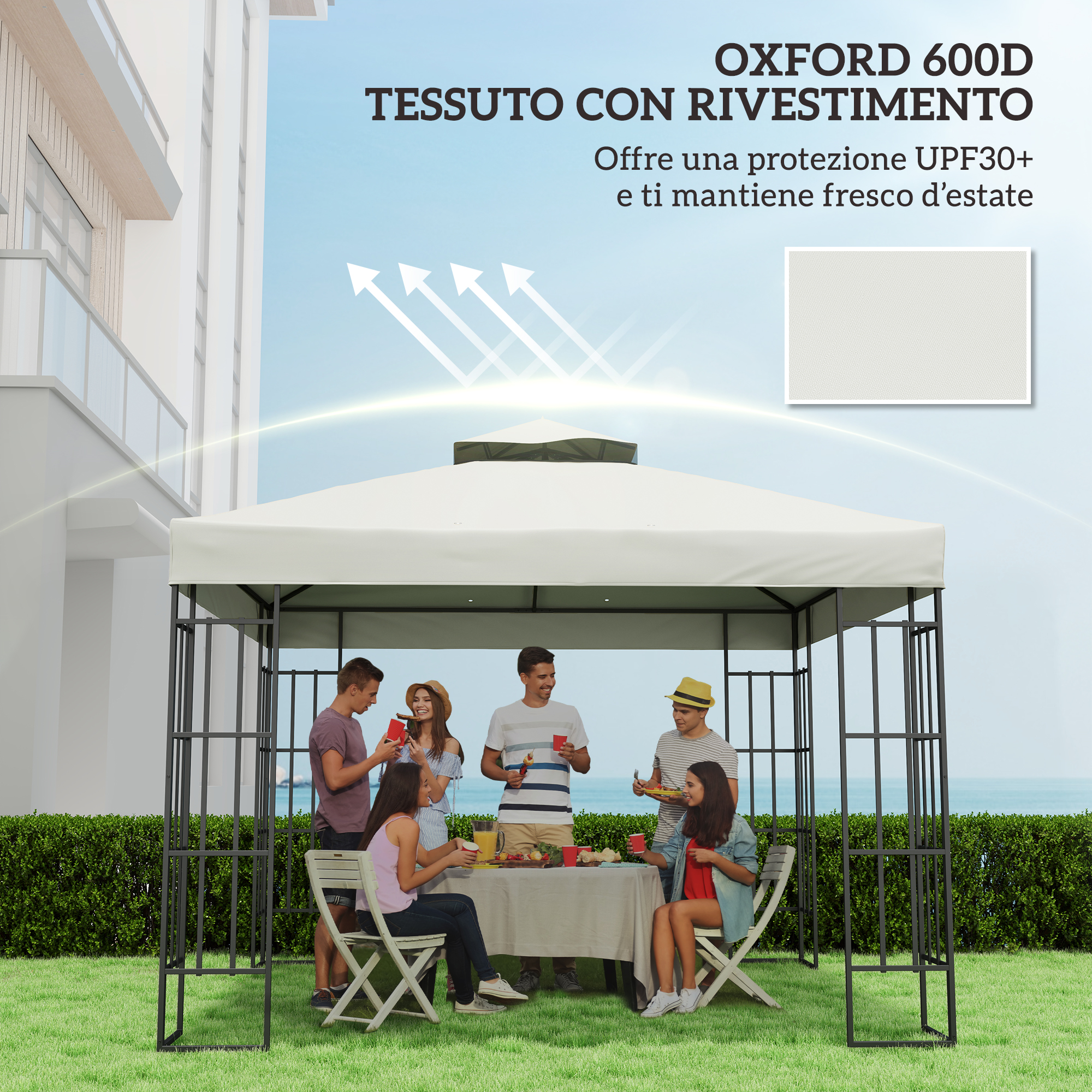 Persone fanno un barbecue sotto un gazebo bianco con vista mare.