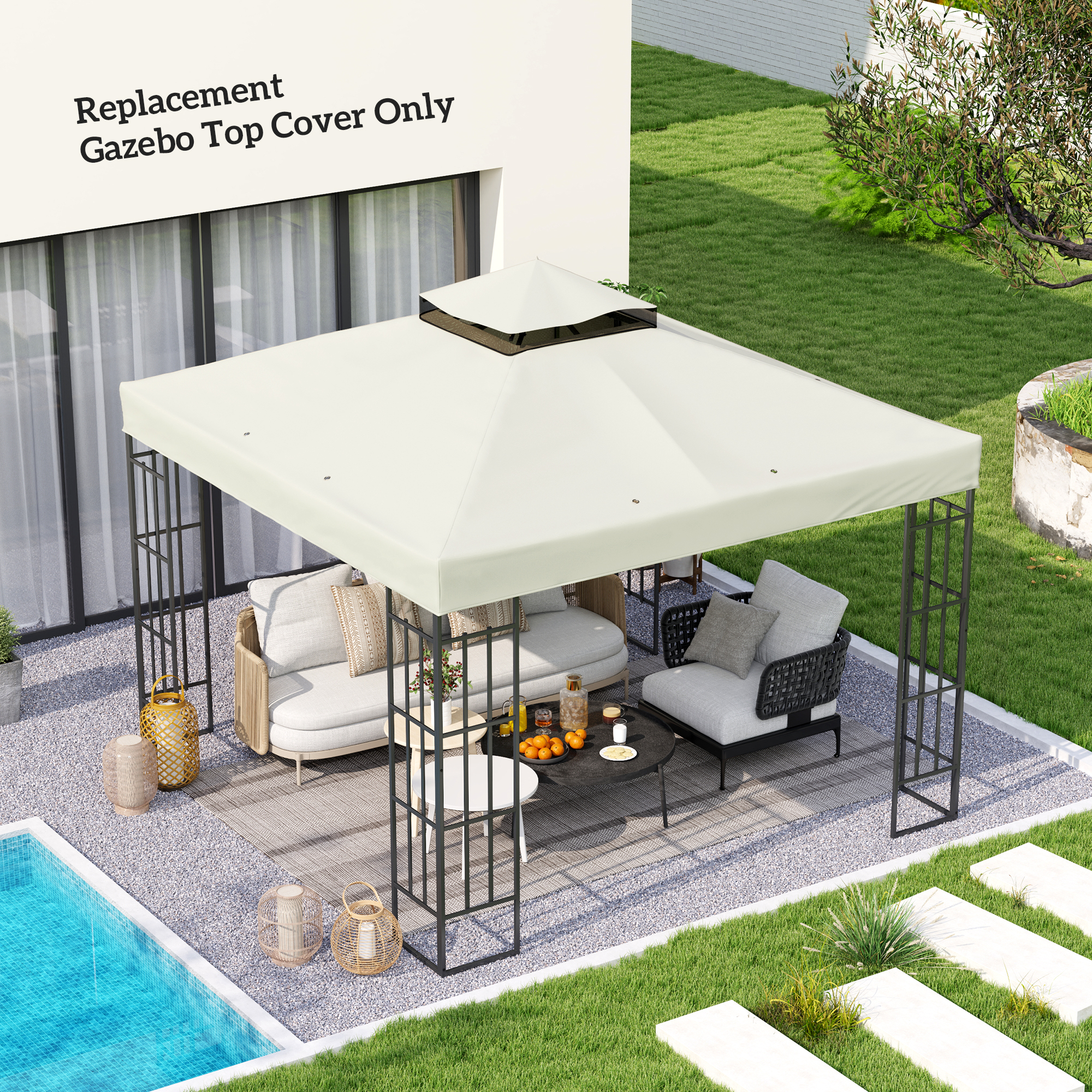 Una copertura sostitutiva beige per gazebo si trova su mobili da giardino accanto a una piscina.
