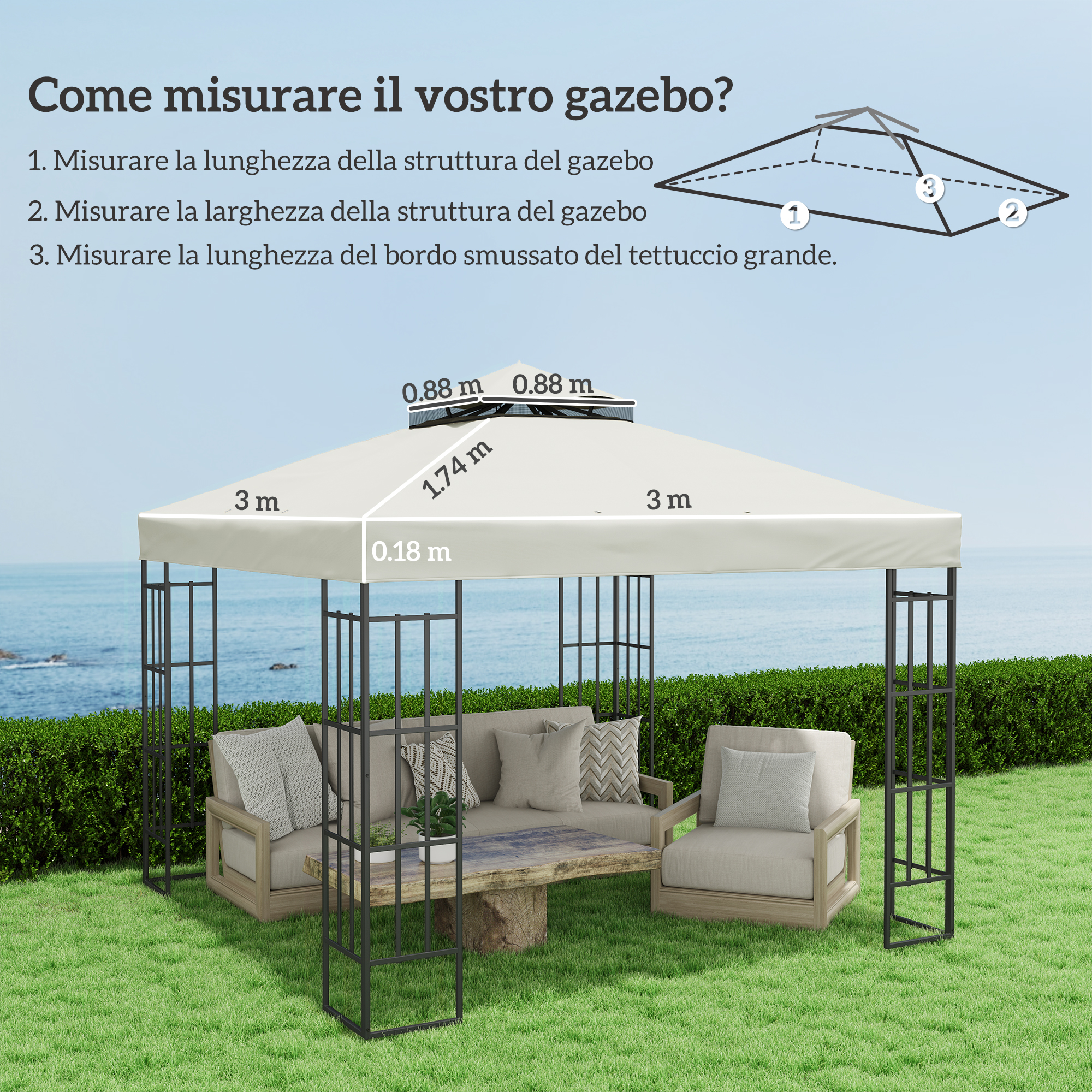 Un gazebo beige con mobili da giardino e misure, vicino al mare.