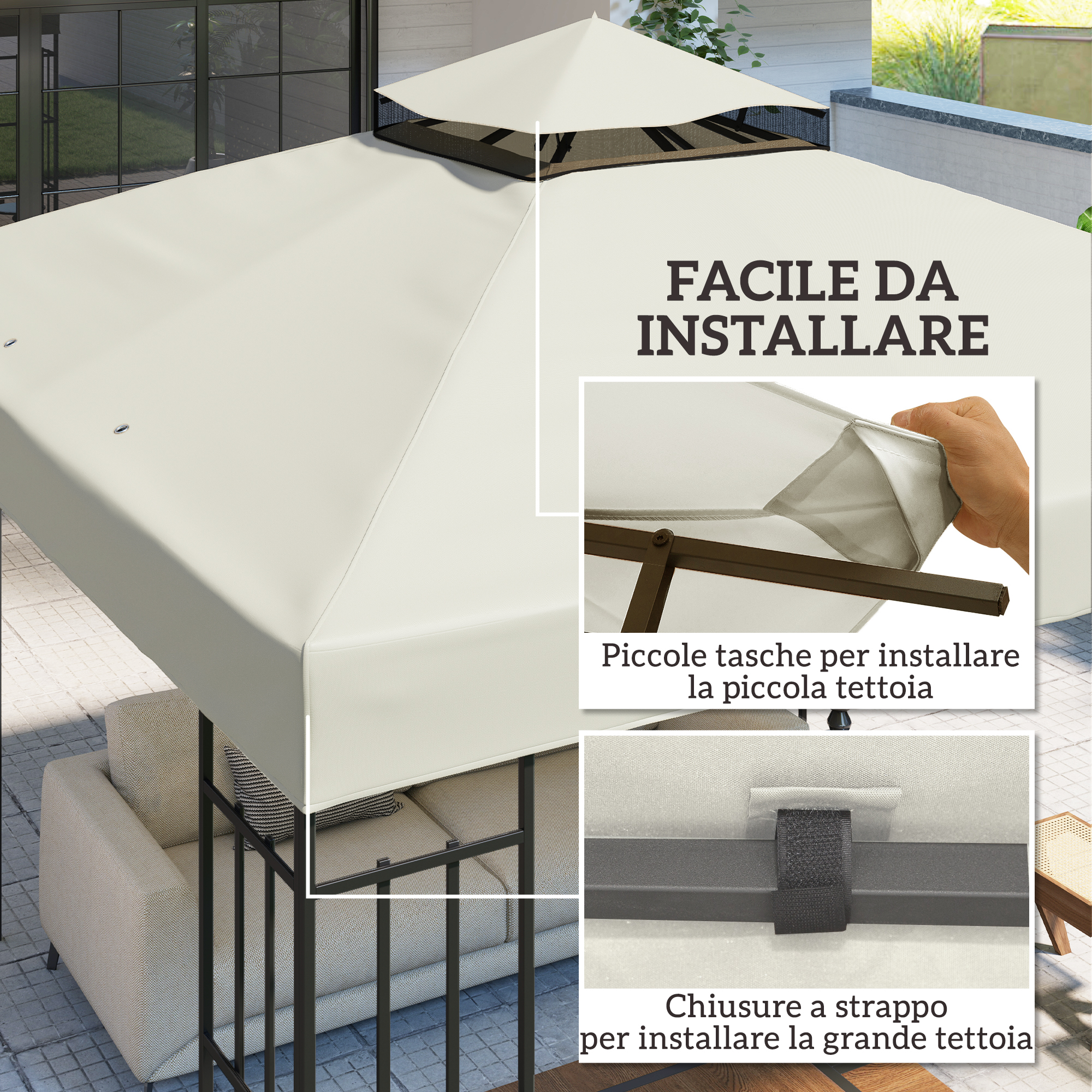 Gazebo beige con dettagli installazione e testo. All'aperto su un patio.