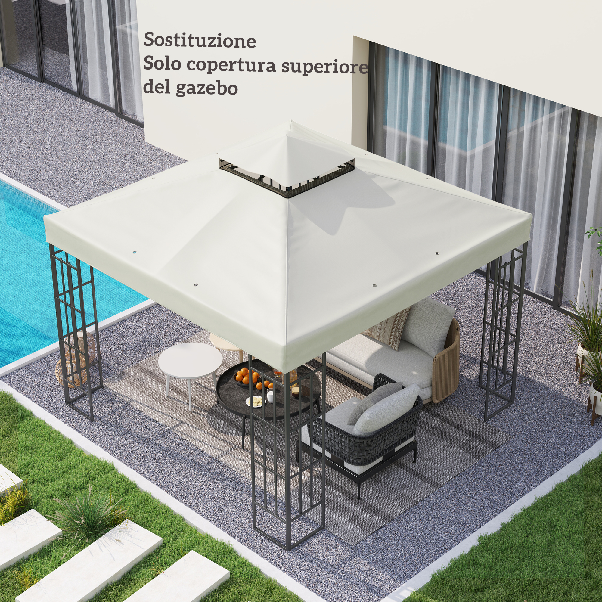 Un gazebo bianco con mobili accanto a una piscina.