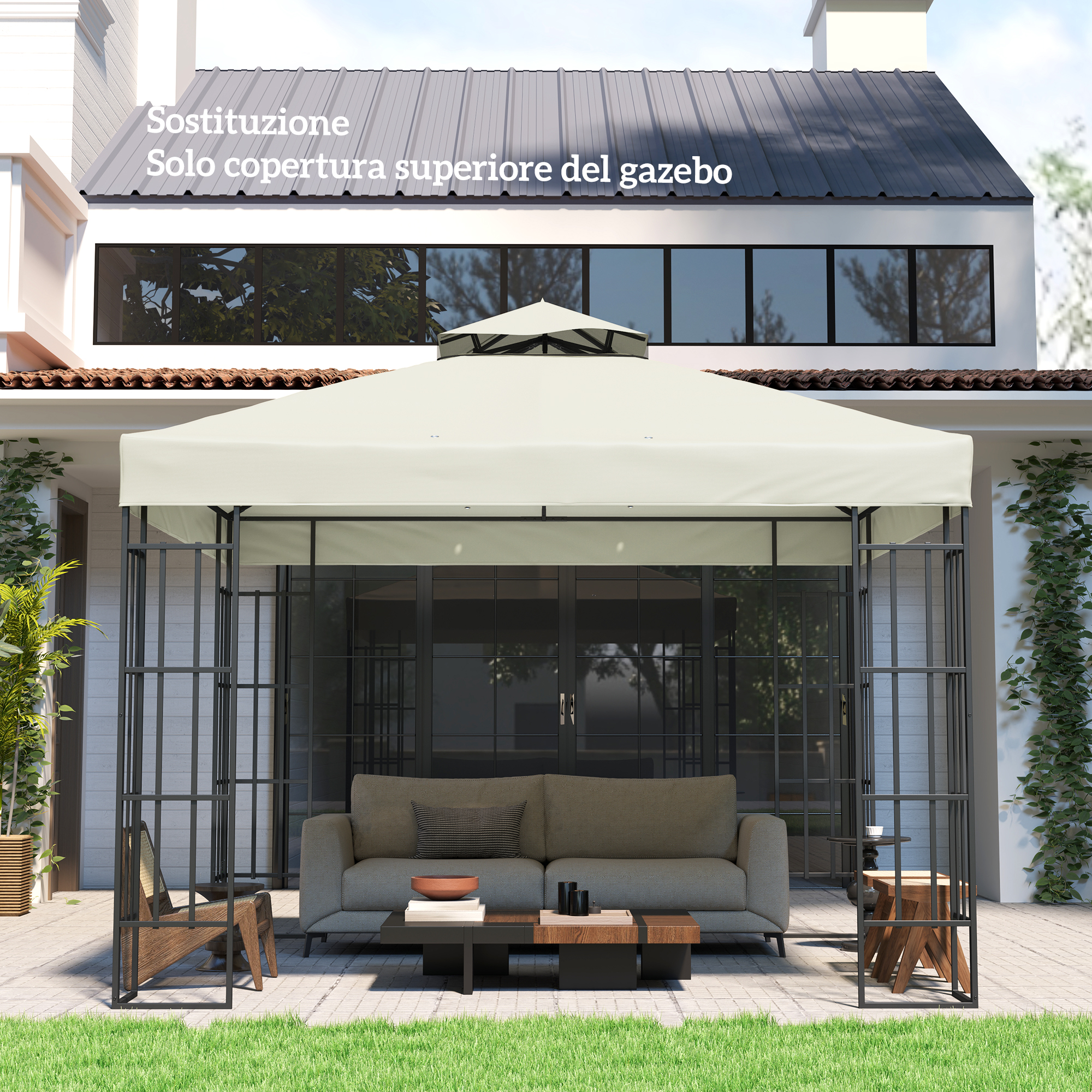 Un gazebo beige con telaio in metallo scuro e un divano davanti.