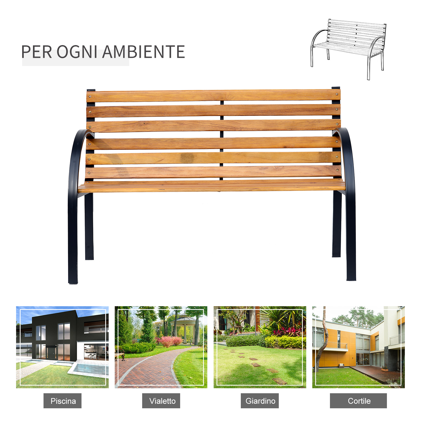 Panca in legno con gambe in metallo nero e un disegno accanto.