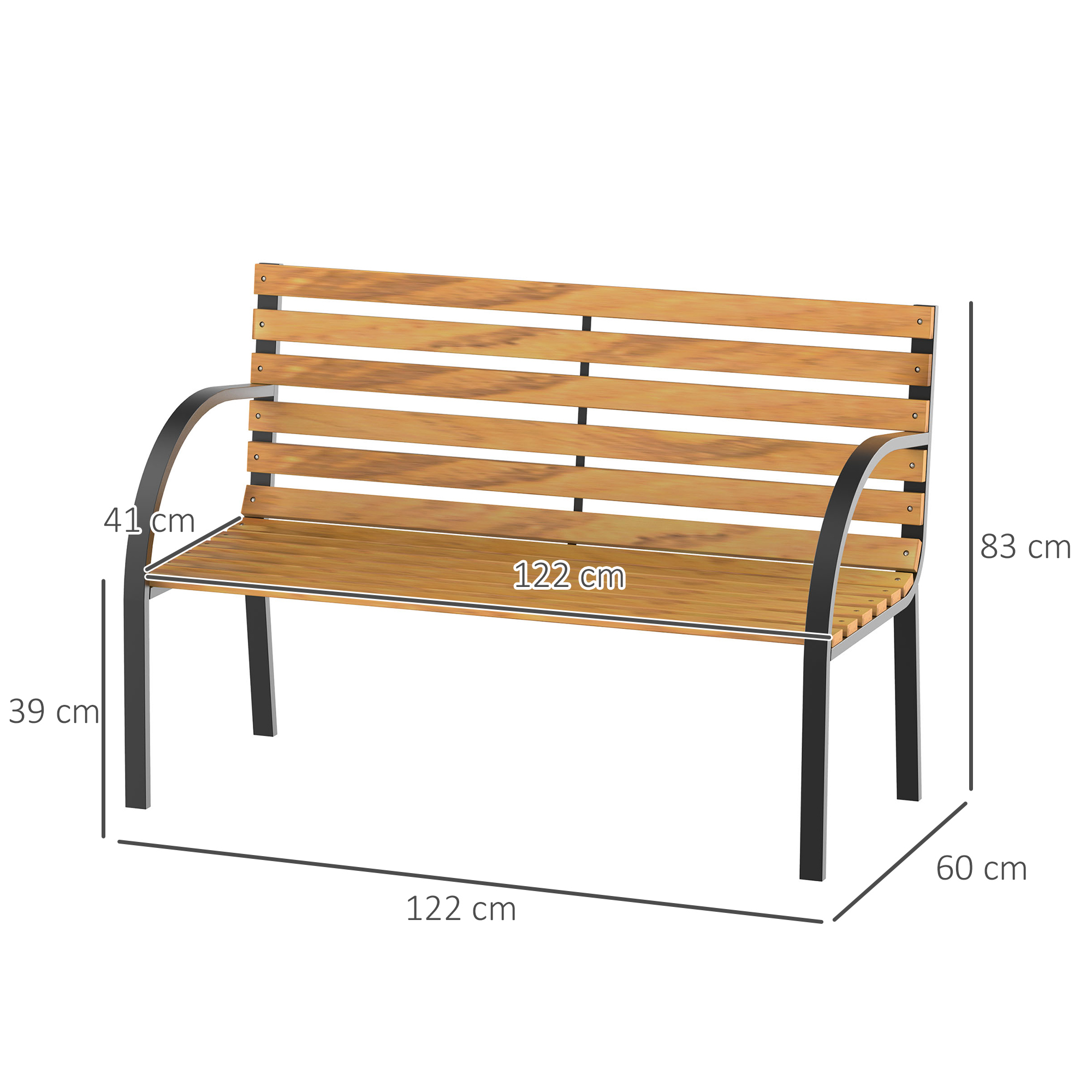 Panca a doghe in legno con struttura in metallo nero. Dimensioni: 122cm larghezza, 83cm altezza, 60cm profondità.