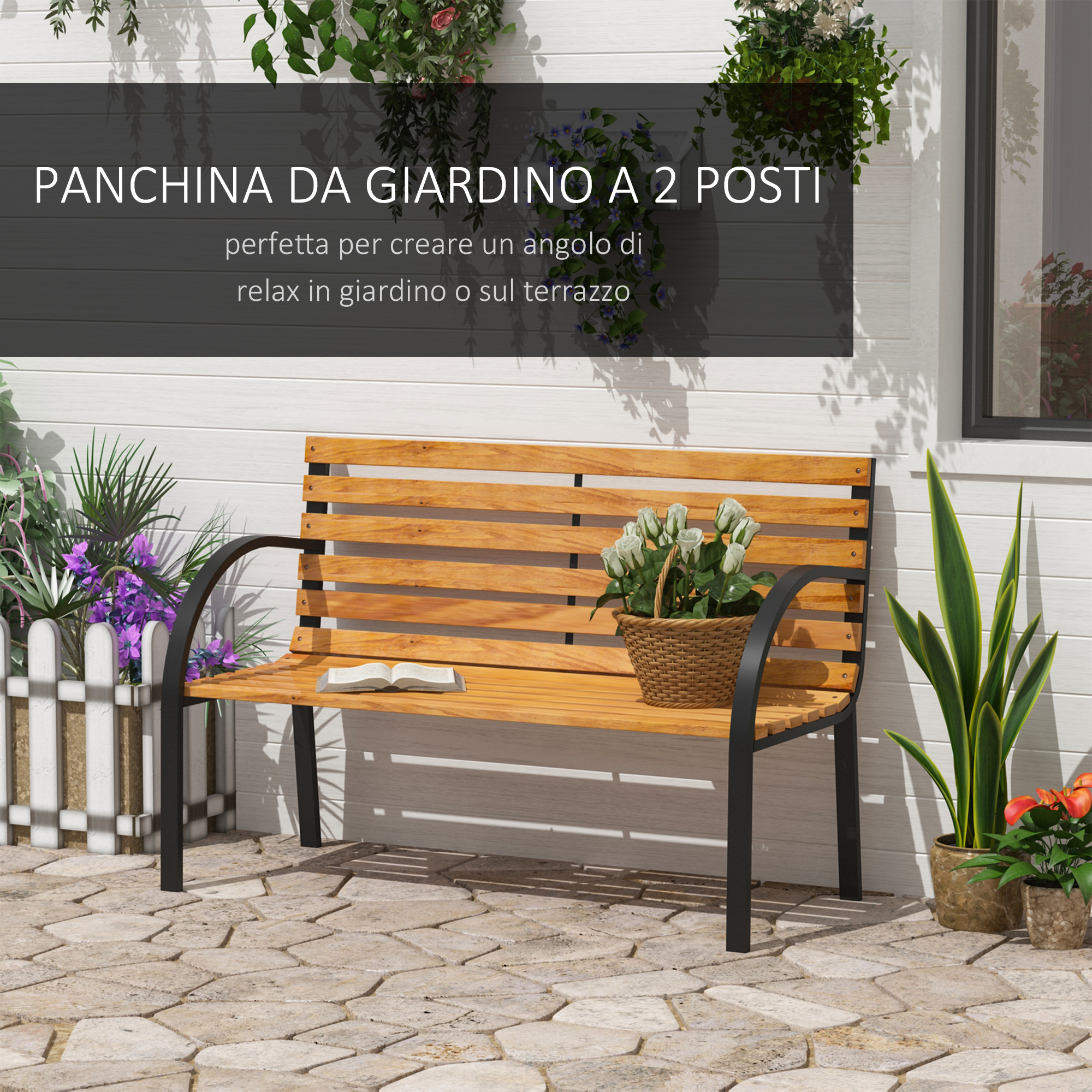 Panchina in legno con gambe nere, libro, cesto di fiori, piante su muro bianco.
