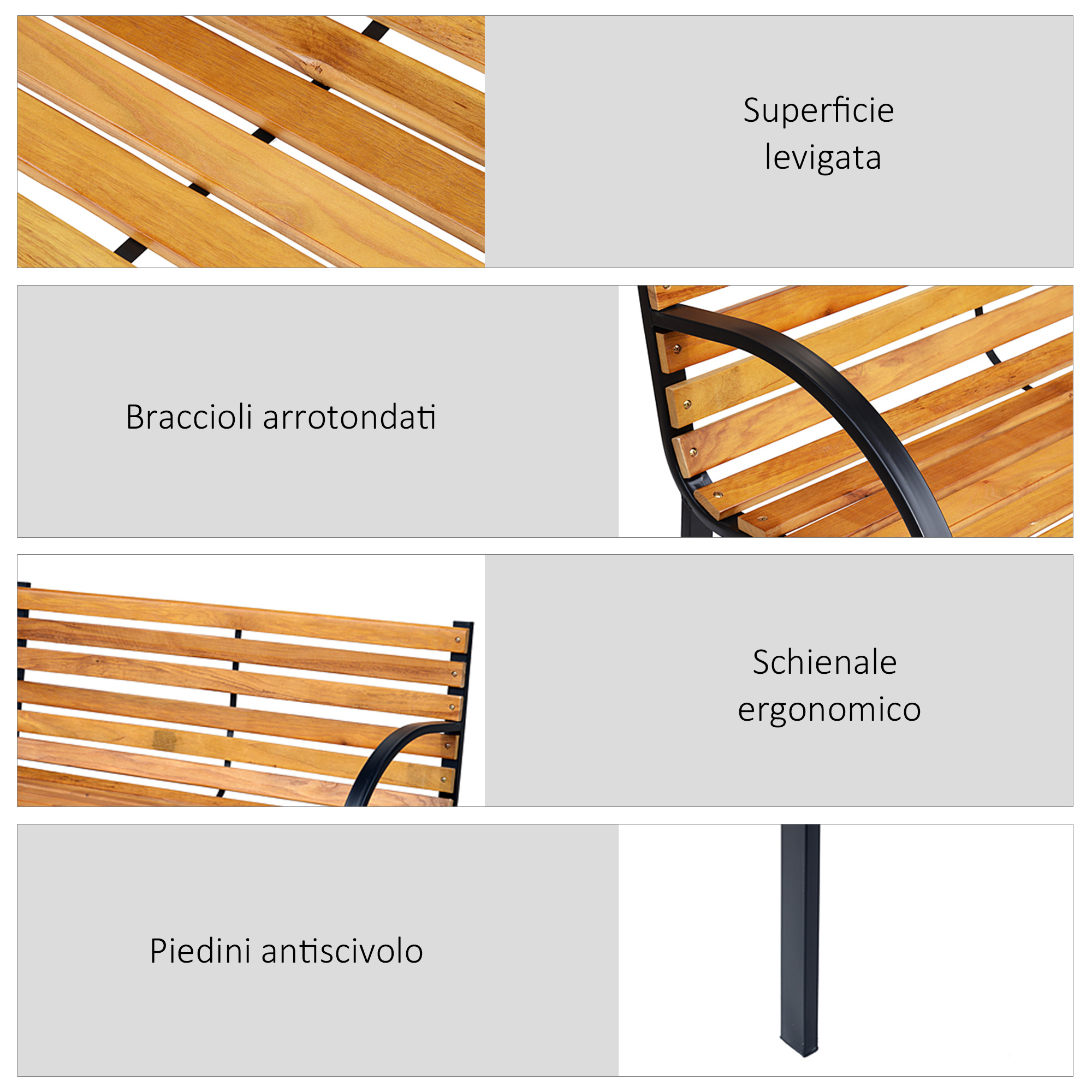 Viste dettagliate di una panchina di legno: superficie liscia, braccioli, schienale, piedi.