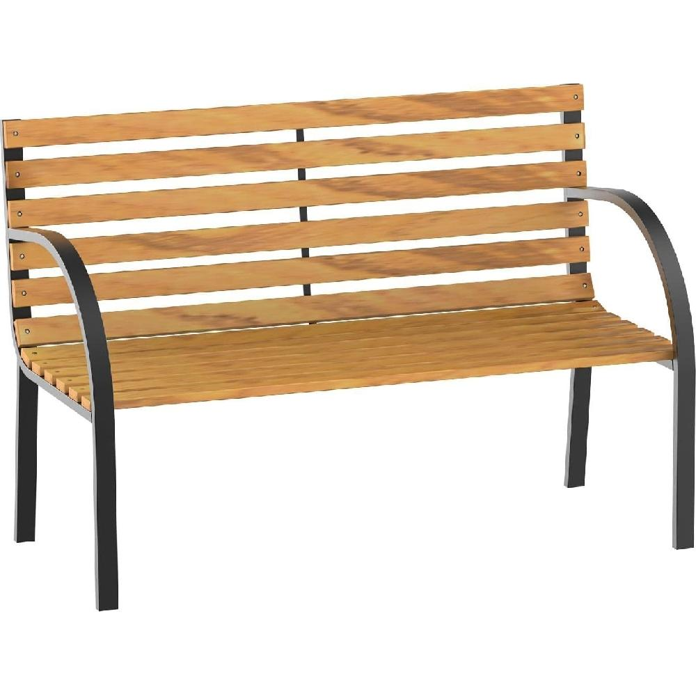 Una panchina da parco in legno con gambe e braccioli in metallo nero.