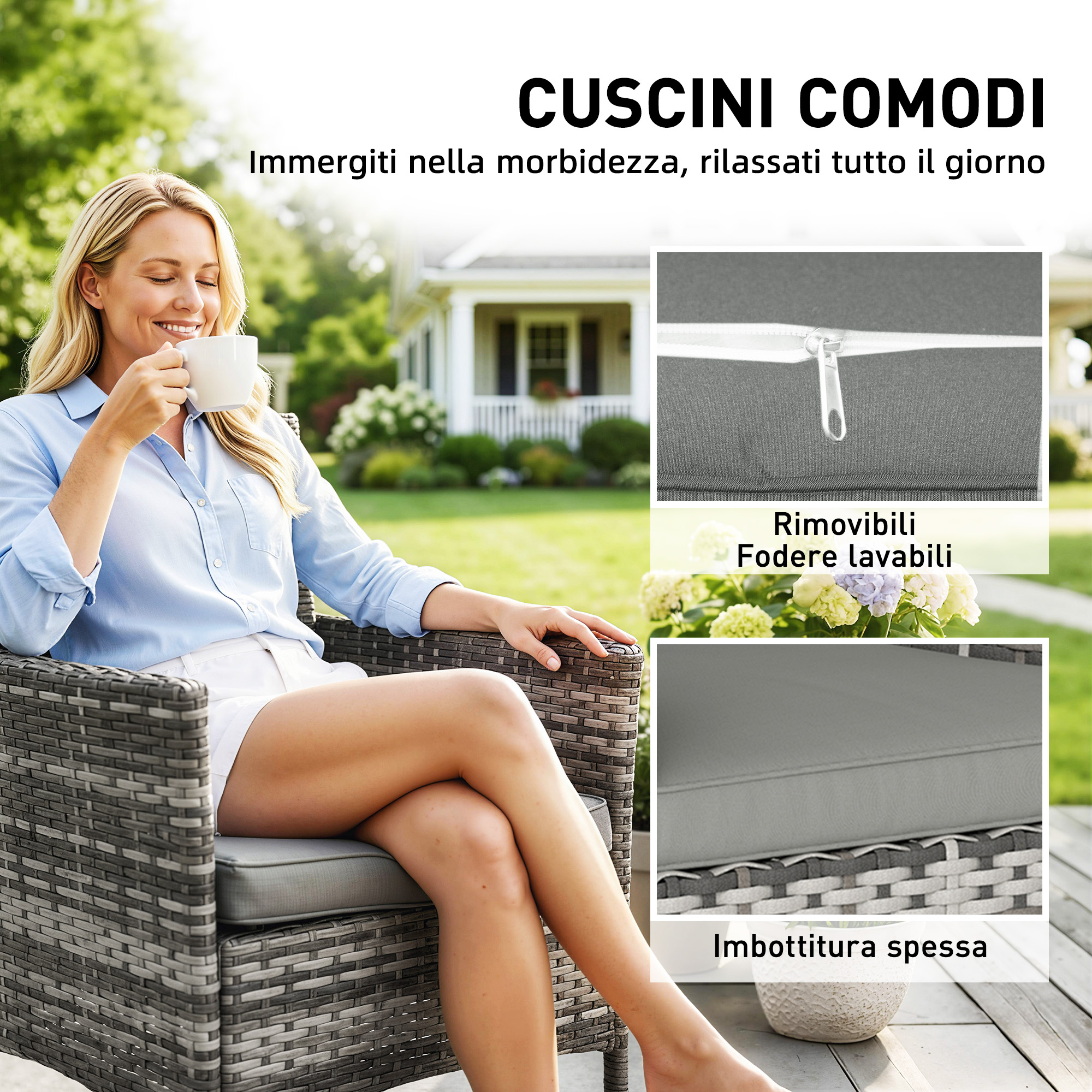 Donna beve caffè su sedia in rattan in giardino con primi piani dei cuscini.