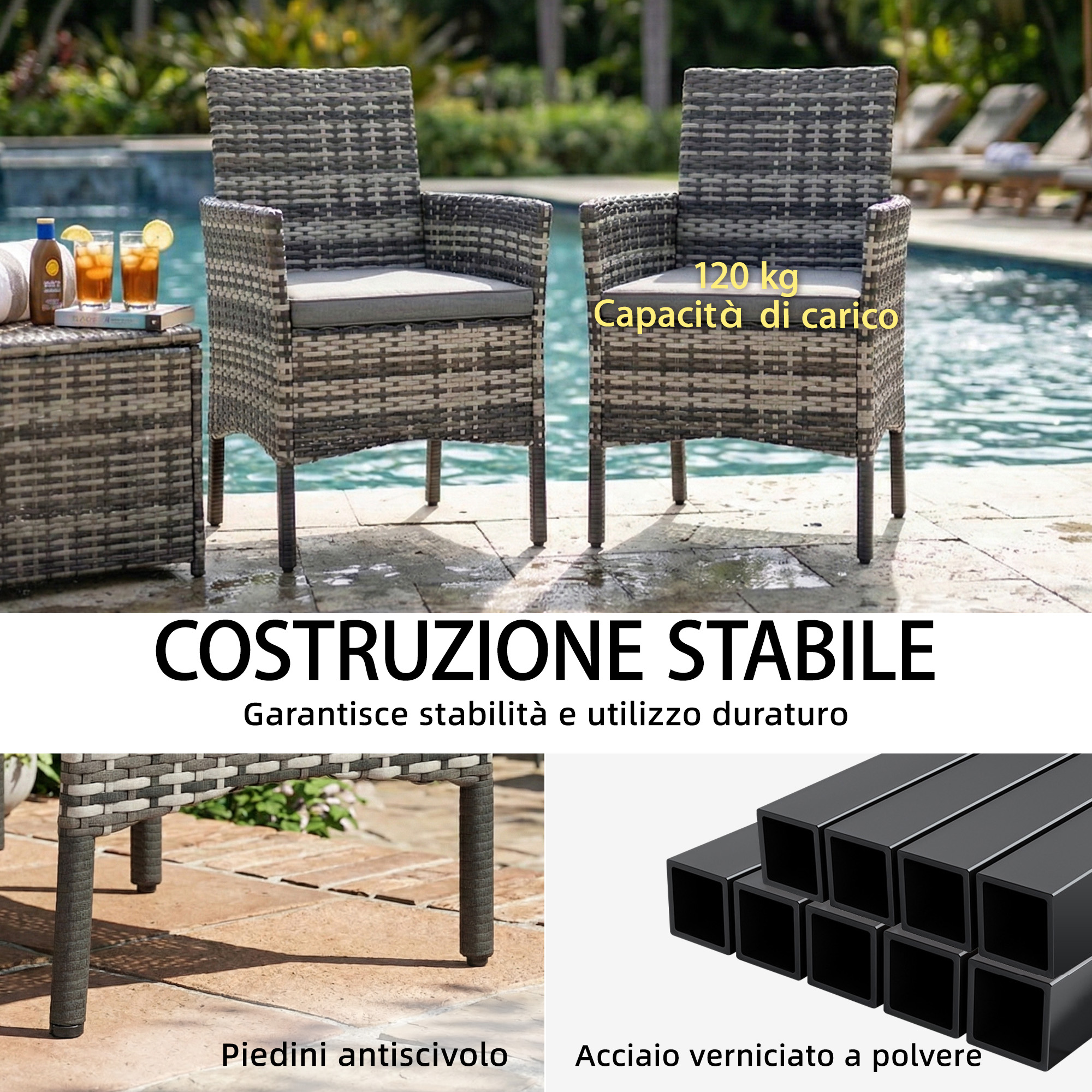 Sedie in vimini vicino a una piscina con bevande e crema solare. Portata 120 kg.