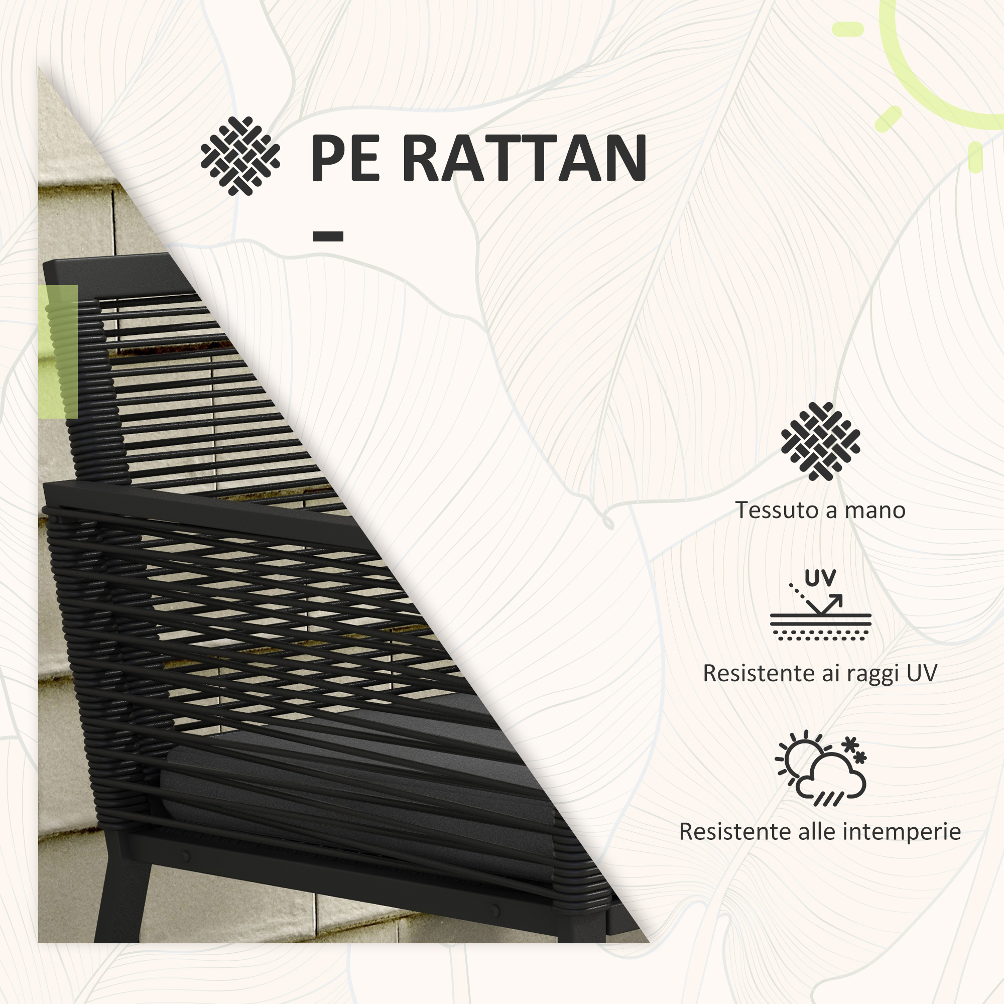 Sedia in rattan PE nero con cuscino, intrecciata a mano, resistente UV.