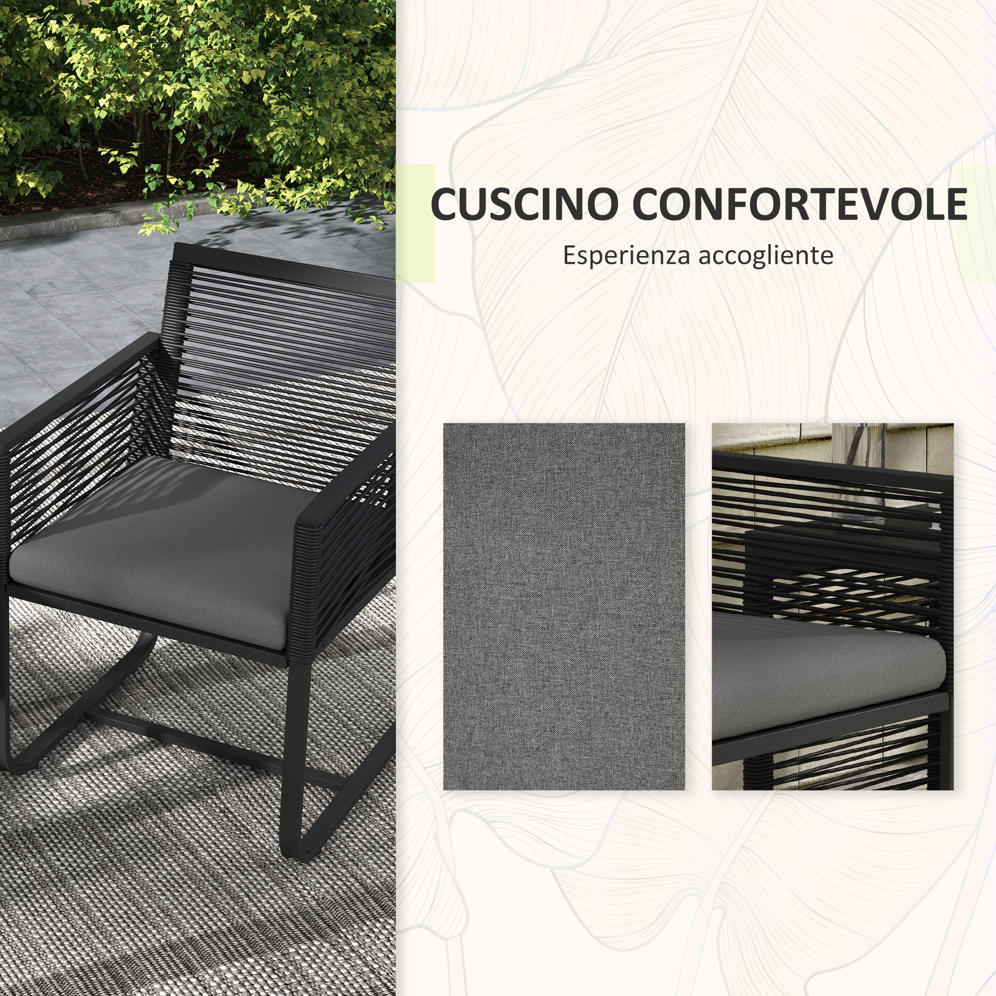 Una poltrona nera con cuscino grigio su un patio grigio.