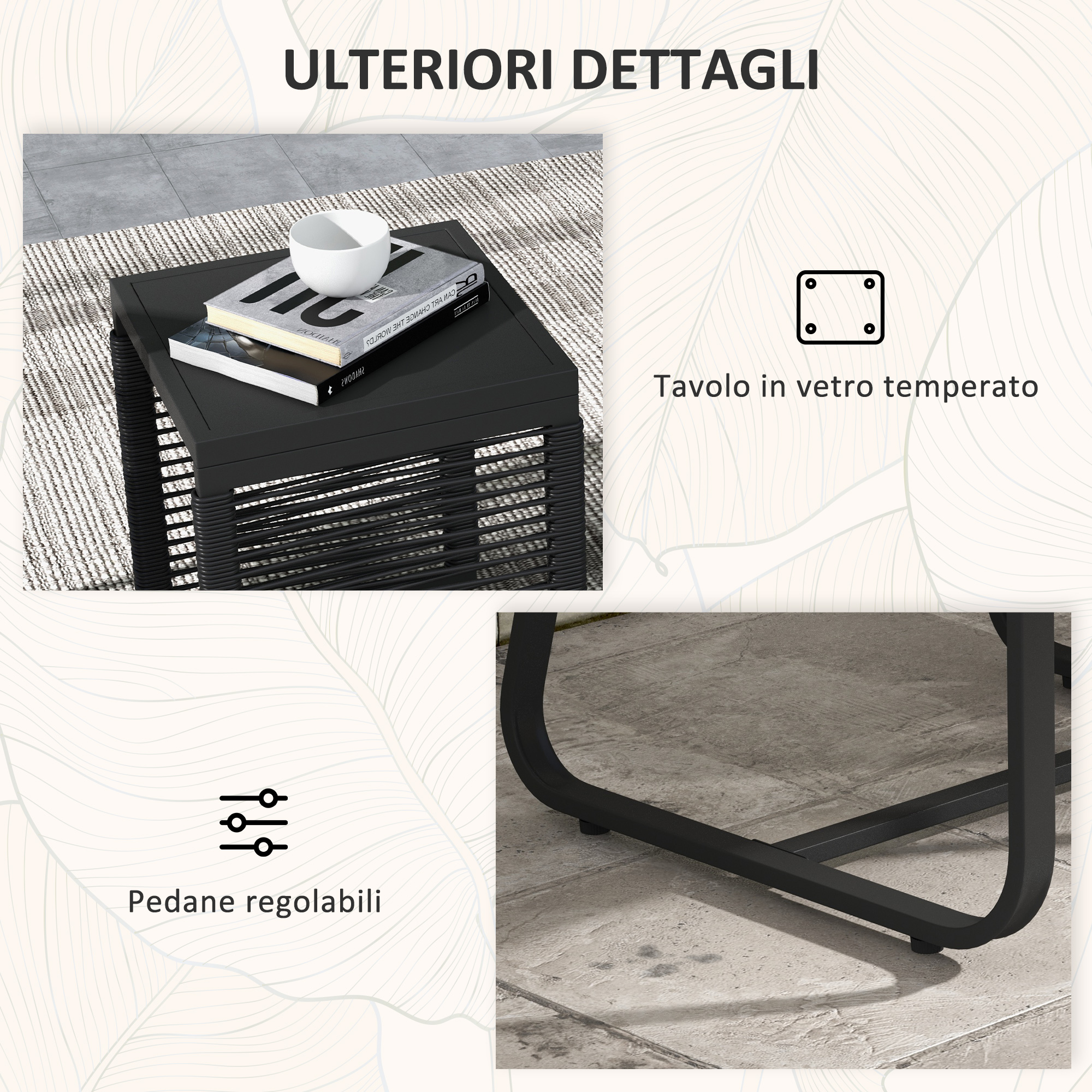 Tavolo nero con libri e tazza, piedini regolabili, piano in vetro.