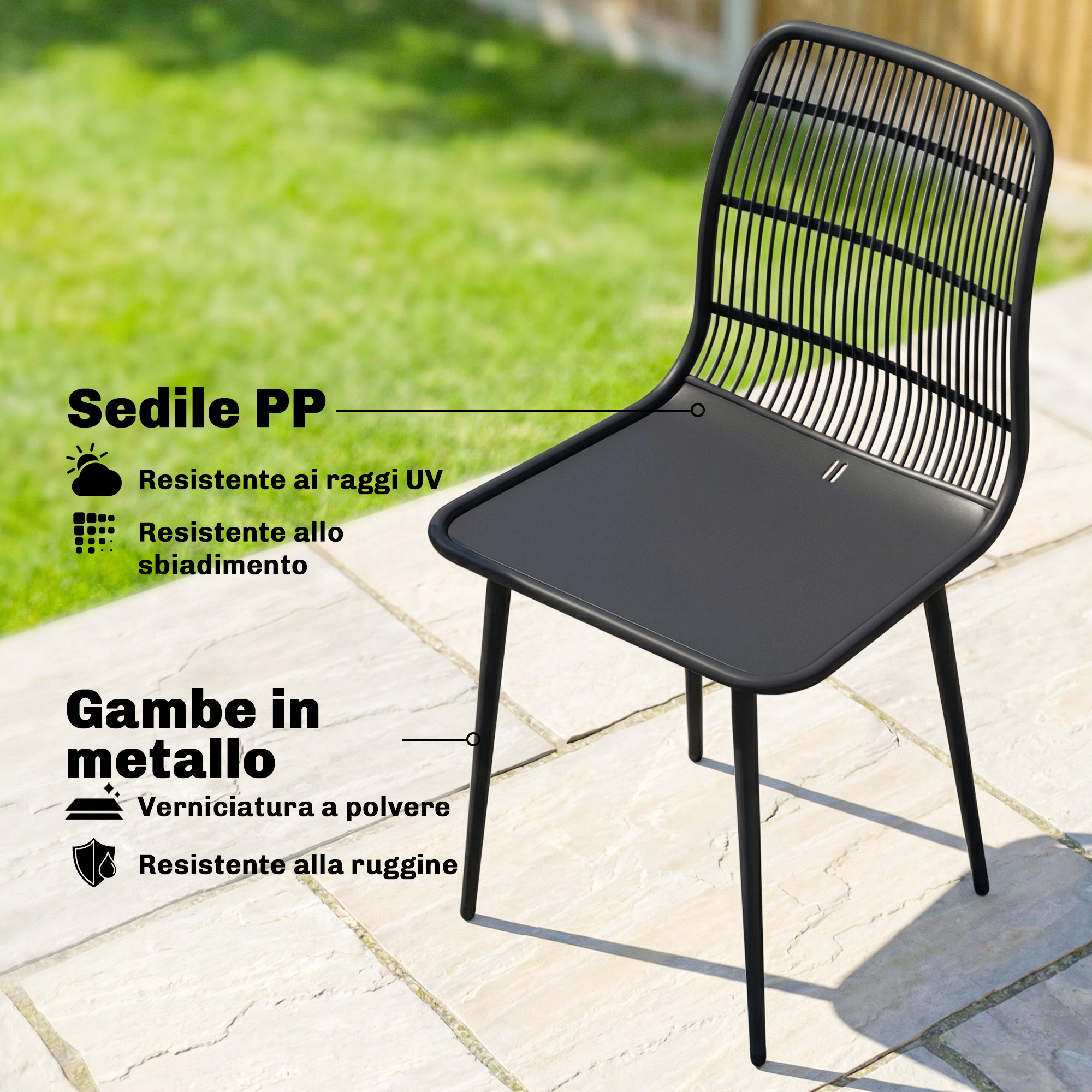 Sedia nera con sedile in PP e gambe in metallo su lastre di pietra.