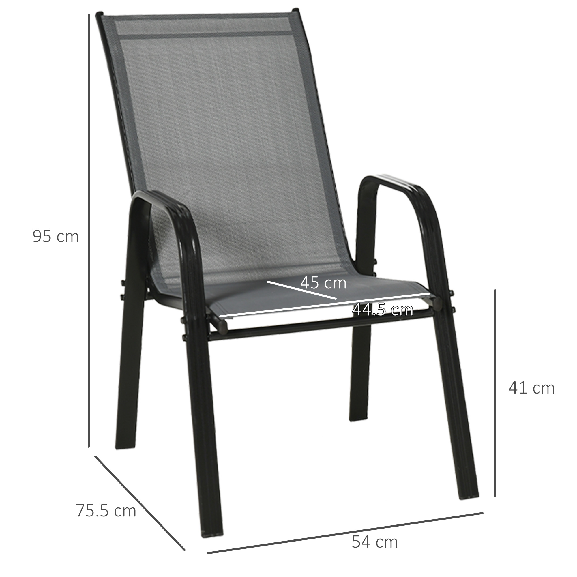 Una sedia grigia con gambe e braccioli in metallo nero, dimensioni indicate.