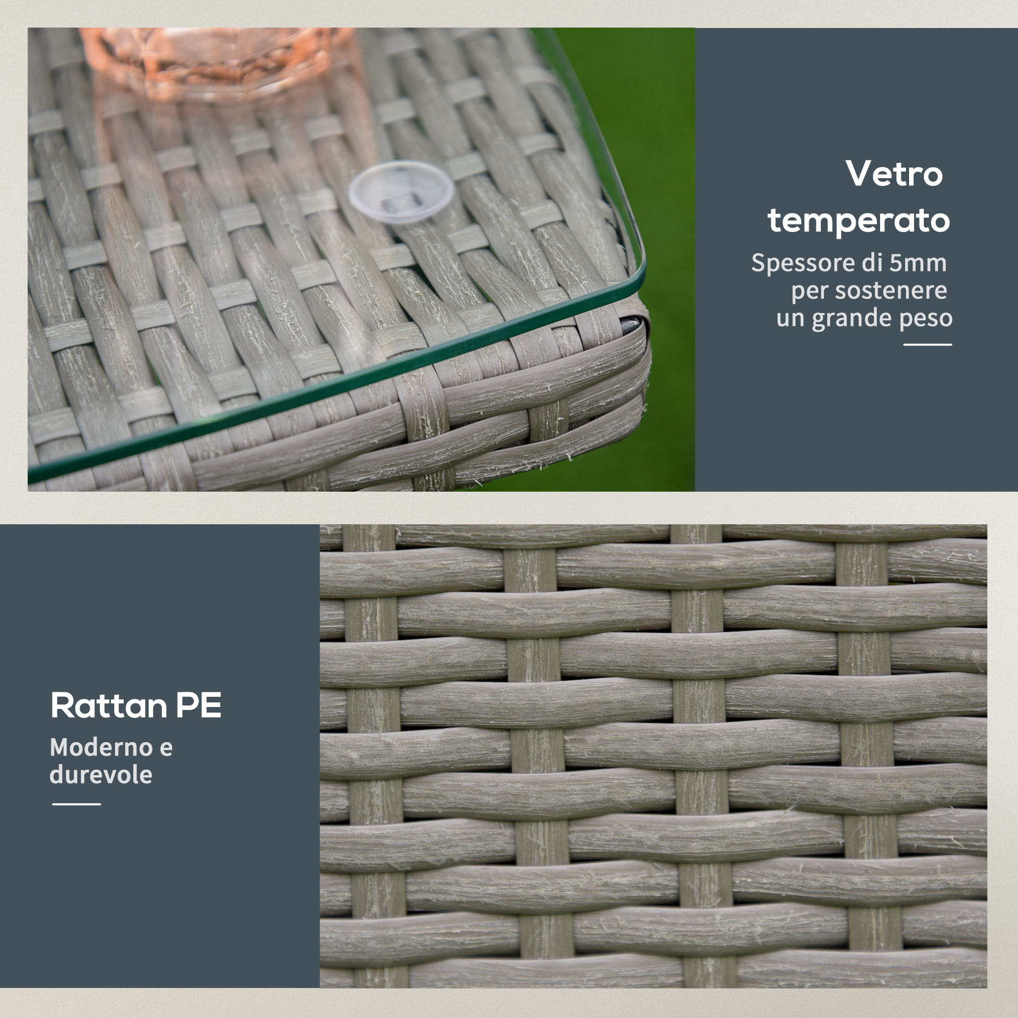 Primo piano di intreccio in rattan grigio con piano in vetro e testo.