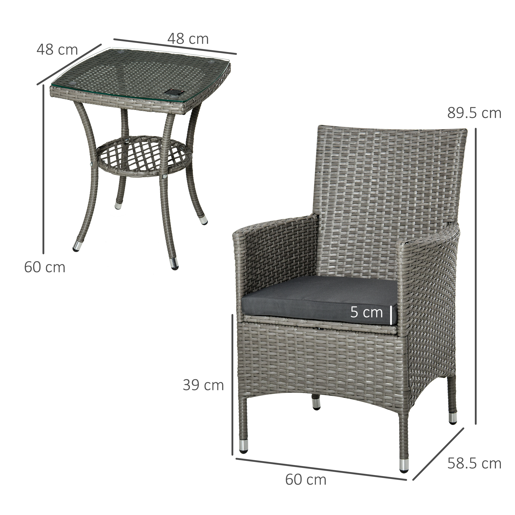 Tavolo in rattan grigio (48x48x60cm) e sedia (60x58.5x89.5cm) con cuscino.