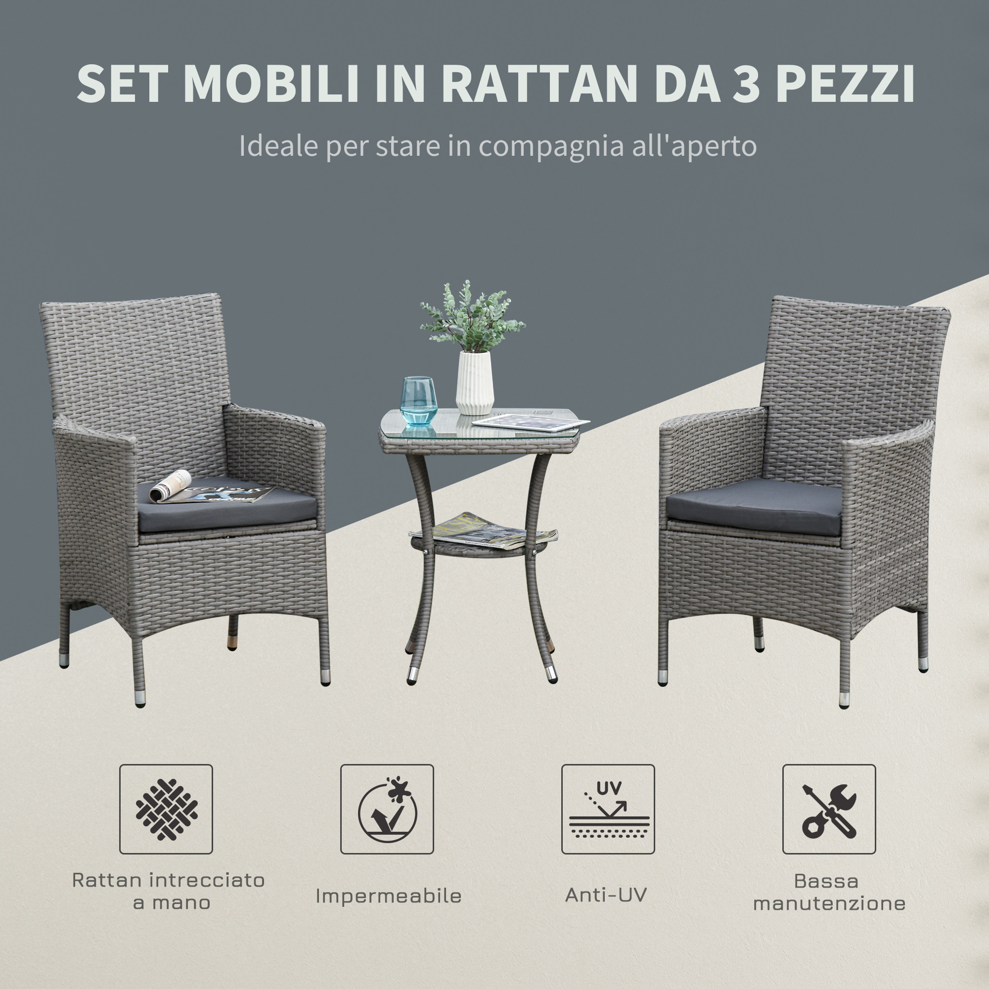 Set mobili in rattan grigio con due sedie e un tavolino. Caratteristiche: intrecciato a mano, impermeabile, anti-UV, bassa manutenzione.