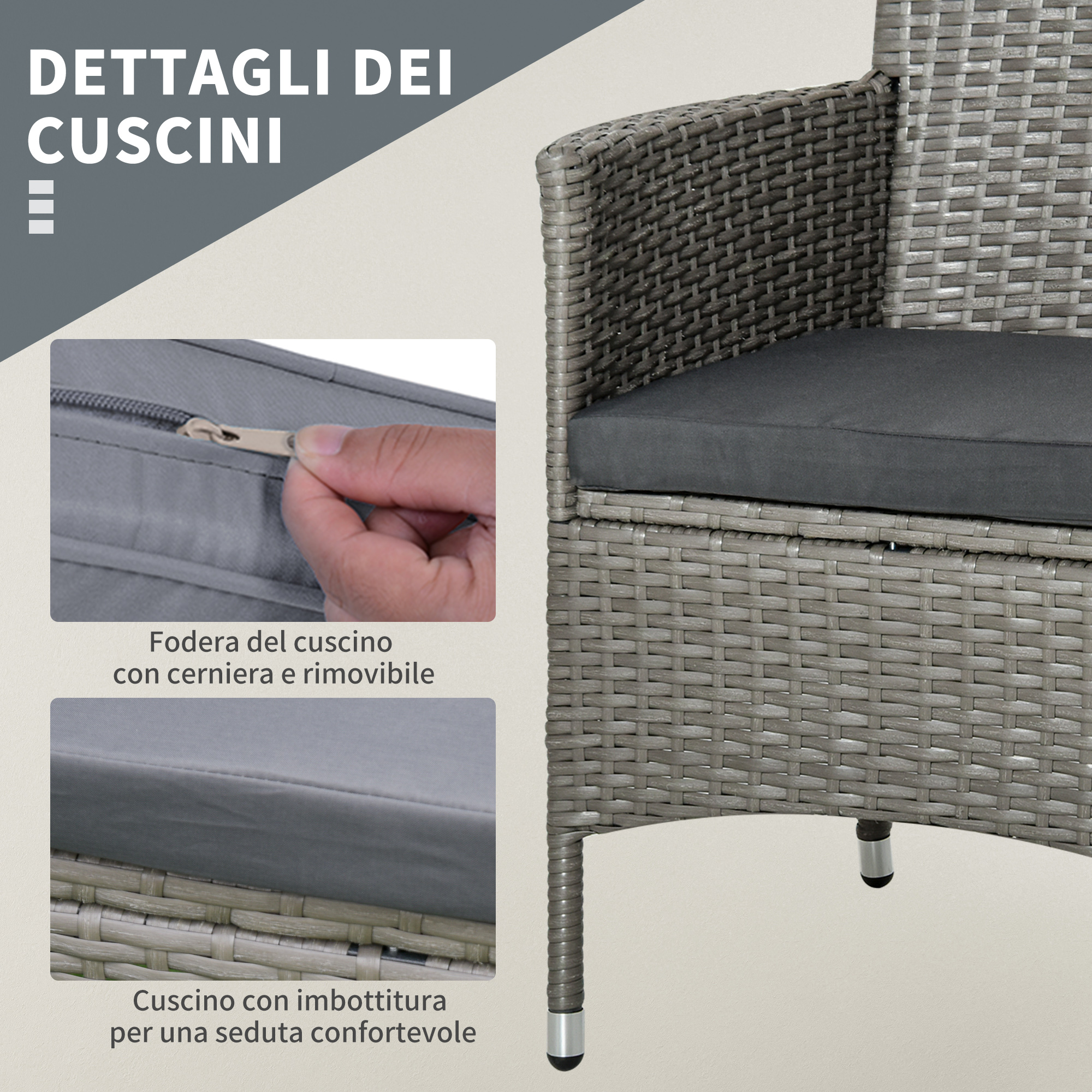 Sedia in rattan grigio con fodera cuscino rimovibile e zip.
