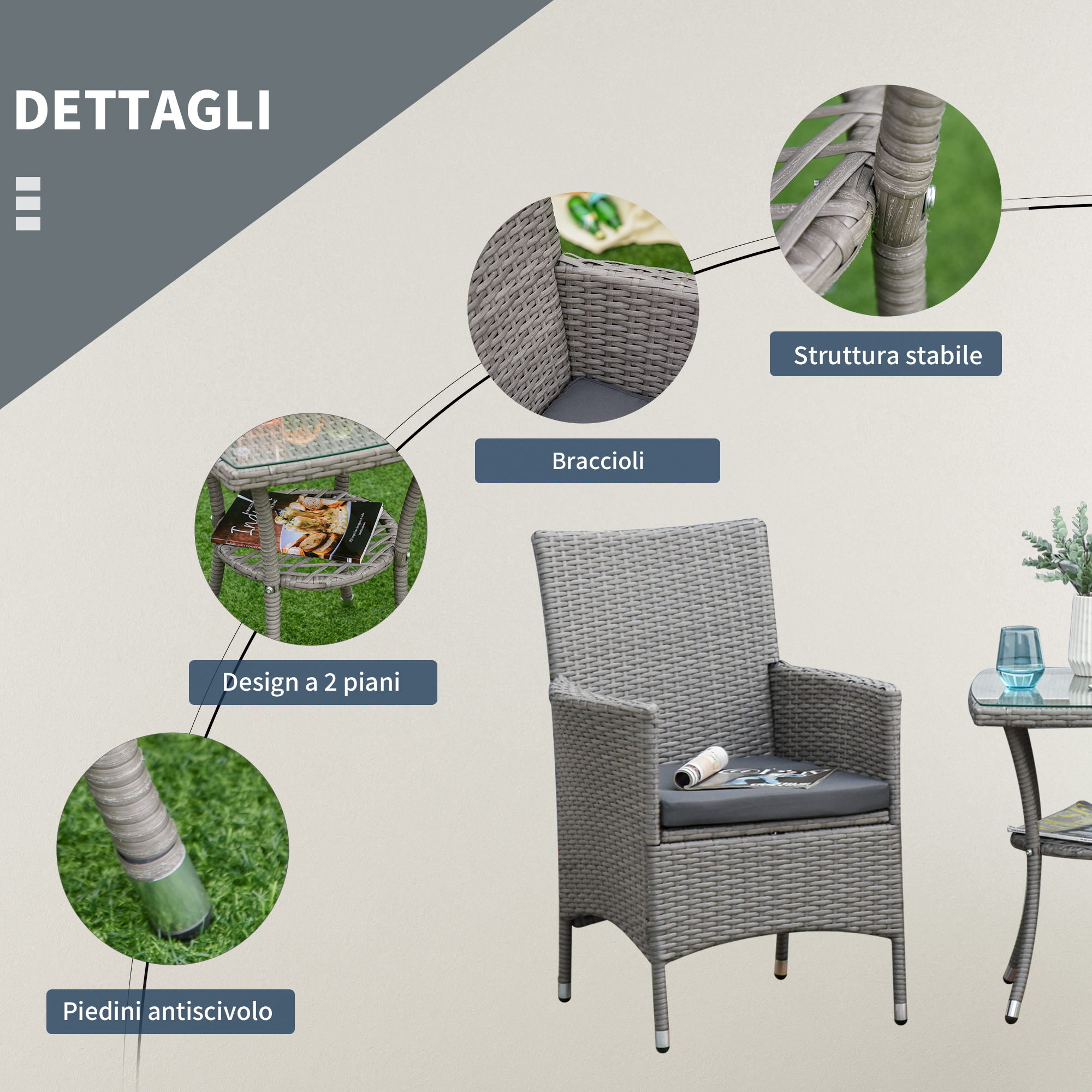 Poltrona in rattan grigio con cuscino e tavolino, dettagli su braccioli, telaio e piedi.