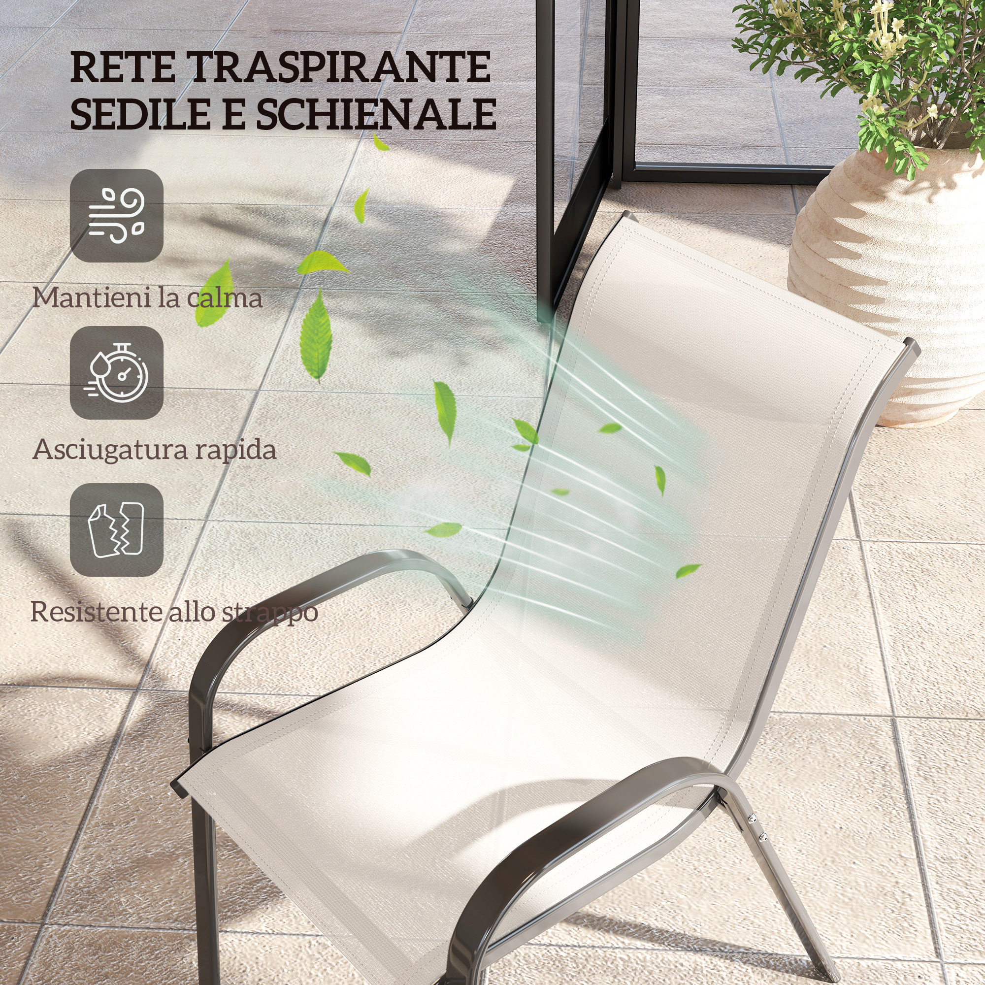 Una sedia in rete chiara all'esterno su un patio piastrellato.
