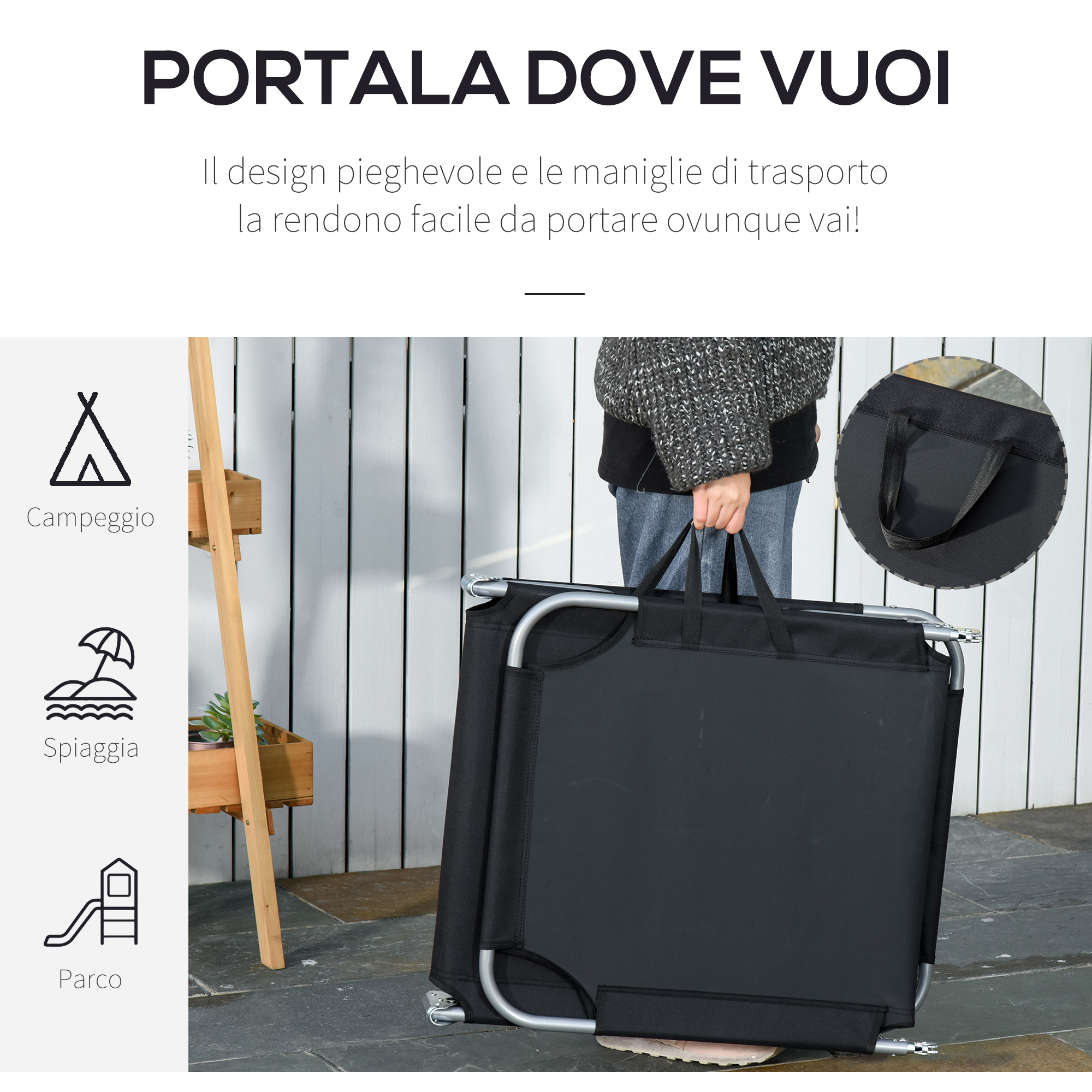 Una persona porta una sedia a sdraio pieghevole nera con telaio argento.