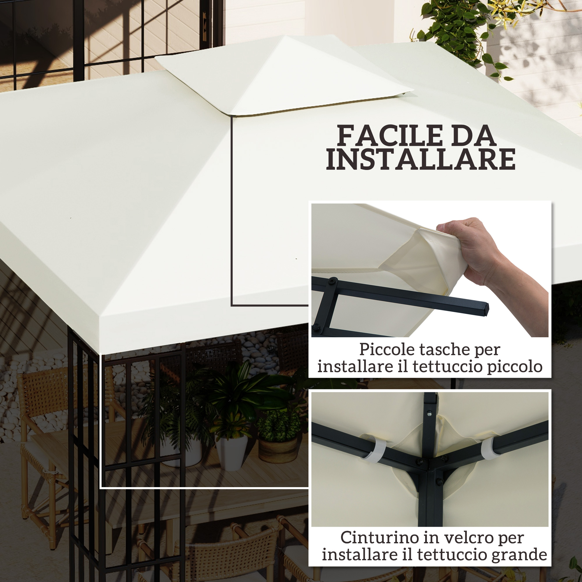 Un baldacchino bianco con chiusure nere. Facile da installare.