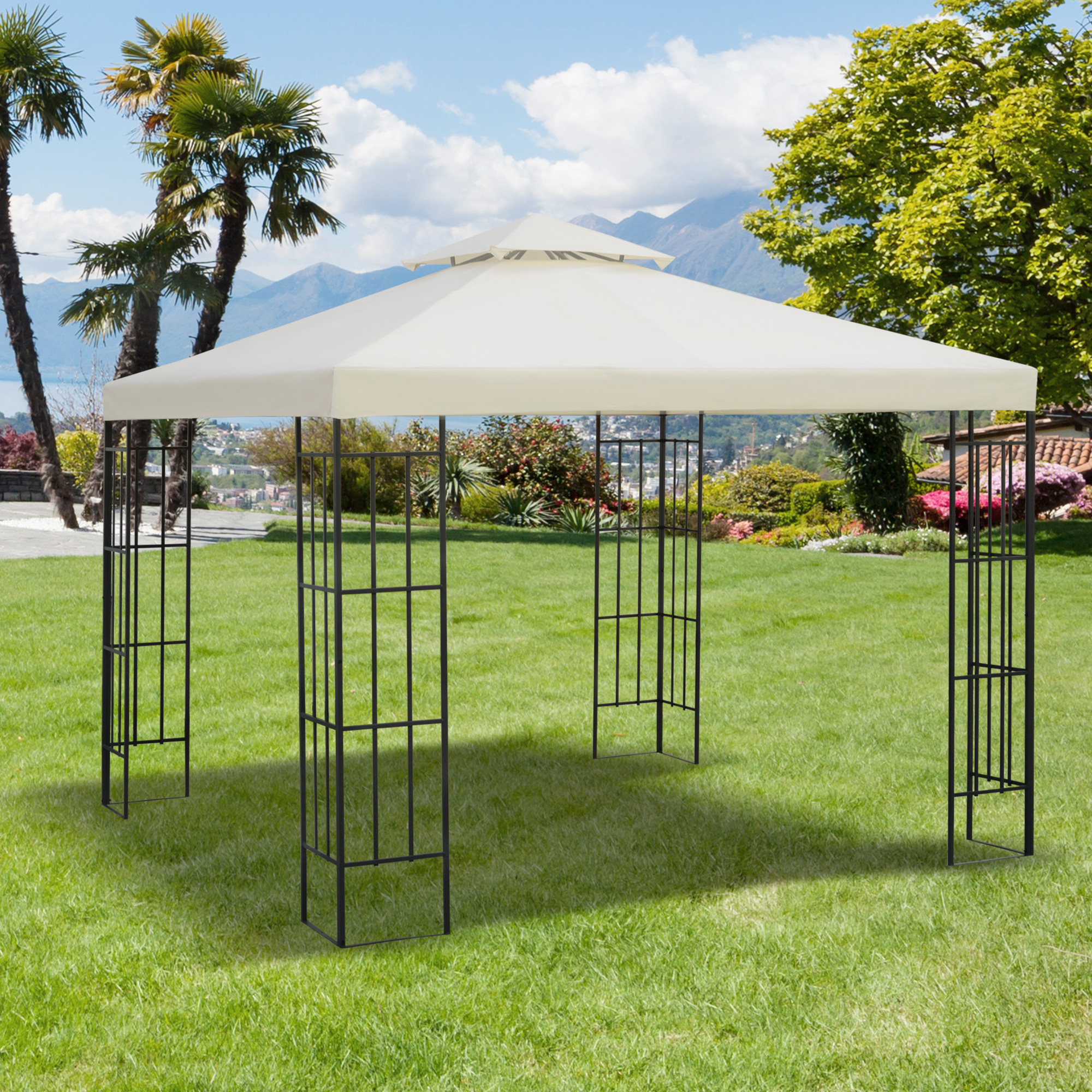 Un gazebo beige con struttura in metallo nero si trova su un prato verde.