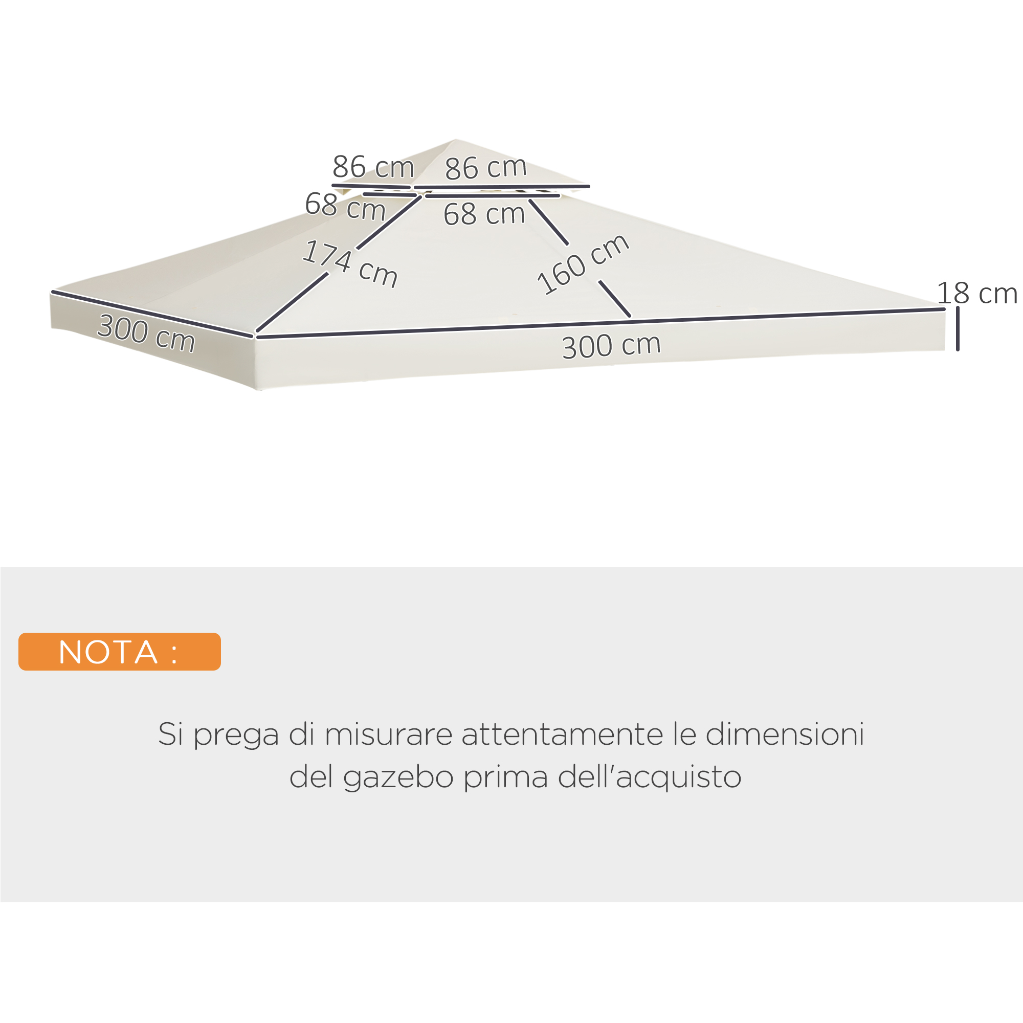 Un gazebo color crema con dimensioni indicate in cm.