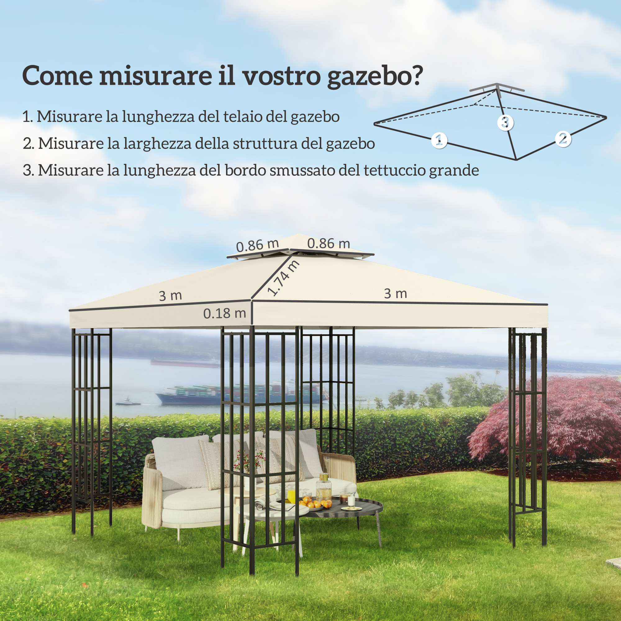 Un gazebo beige con misure in un giardino. Sotto sono posizionati posti a sedere e un tavolo.