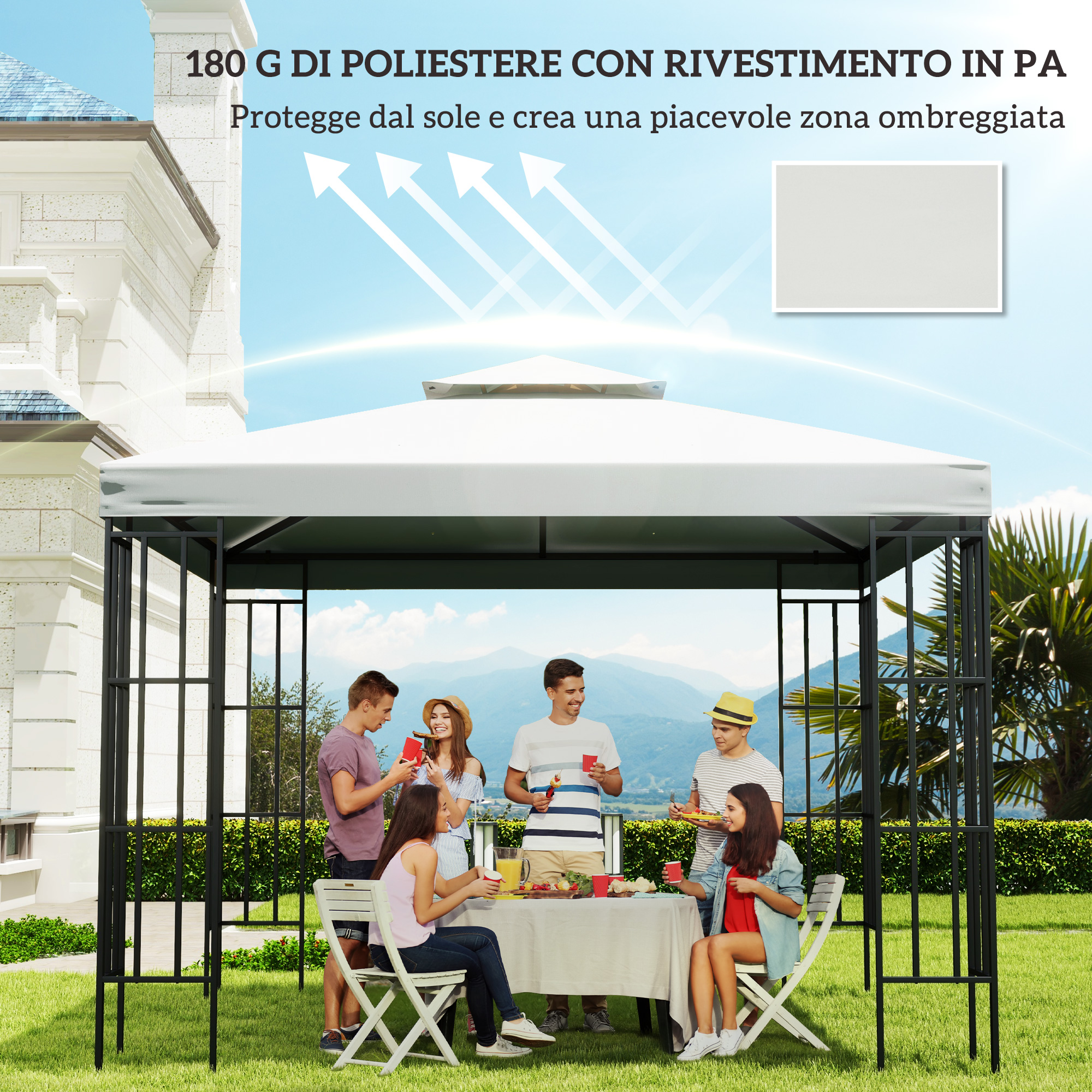 Persone che si godono un picnic sotto un gazebo con montagne.