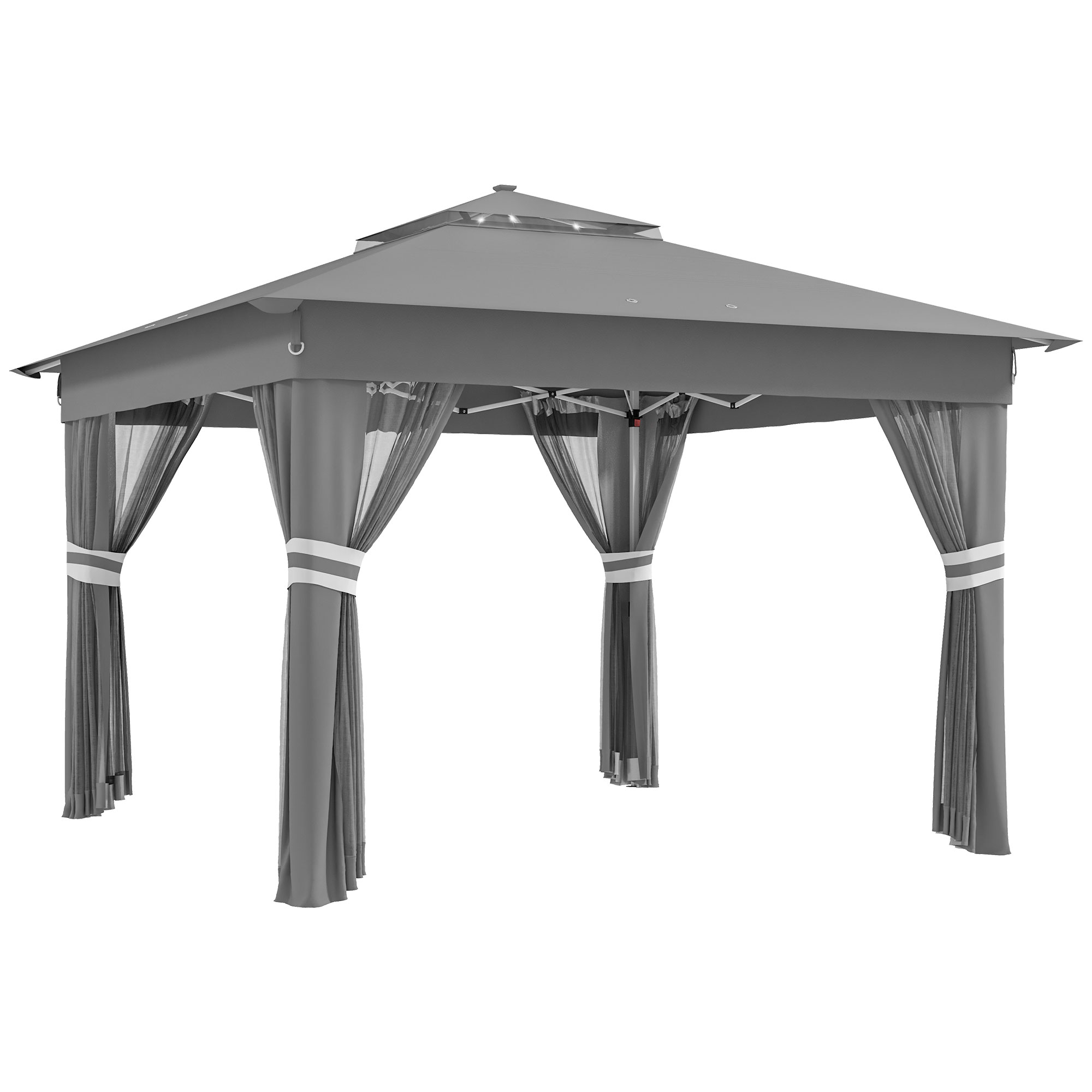 Gazebo grigio con doppio tetto e tende laterali, con fasce bianche e grigie.