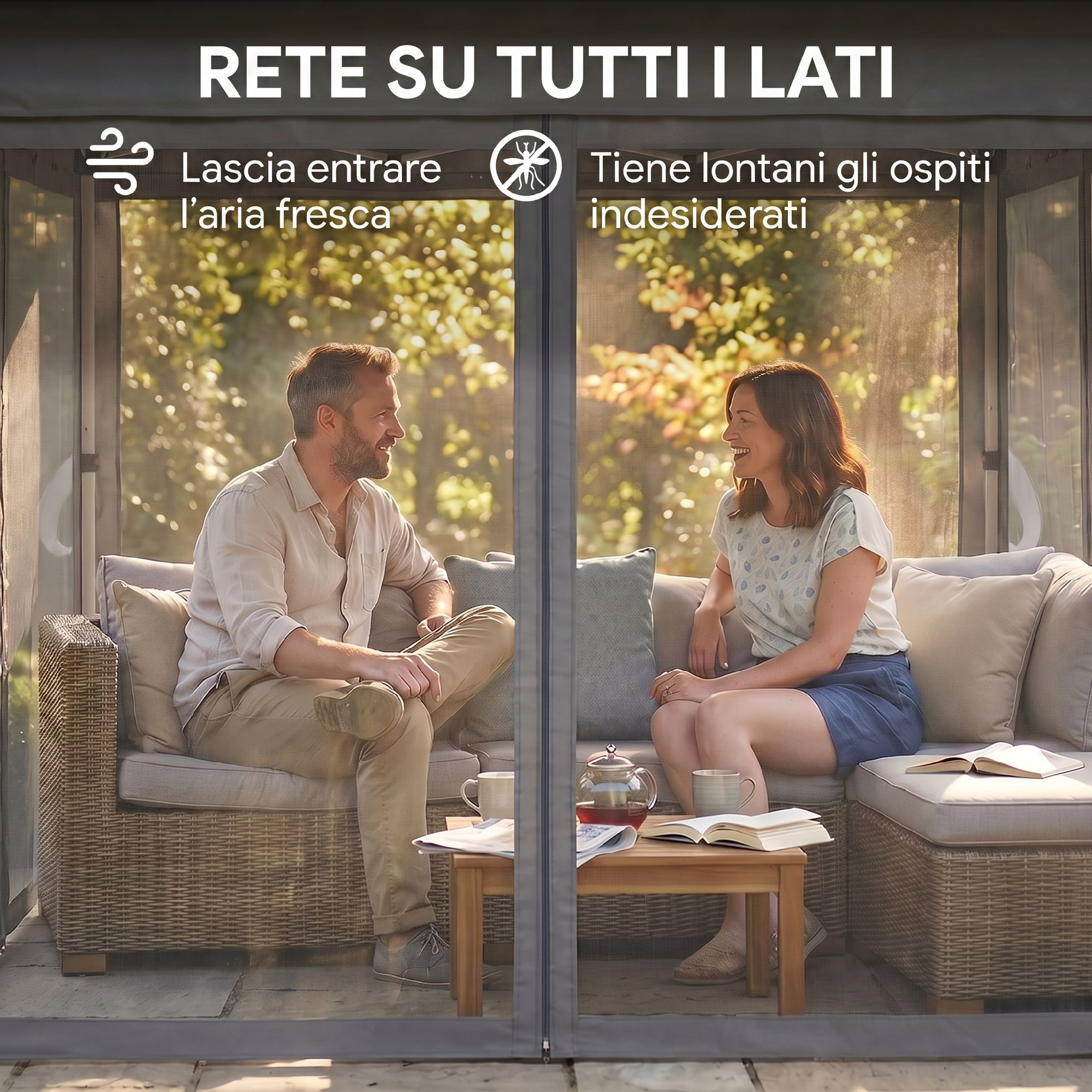 Un uomo e una donna siedono su cuscini in un gazebo, parlando tra loro.