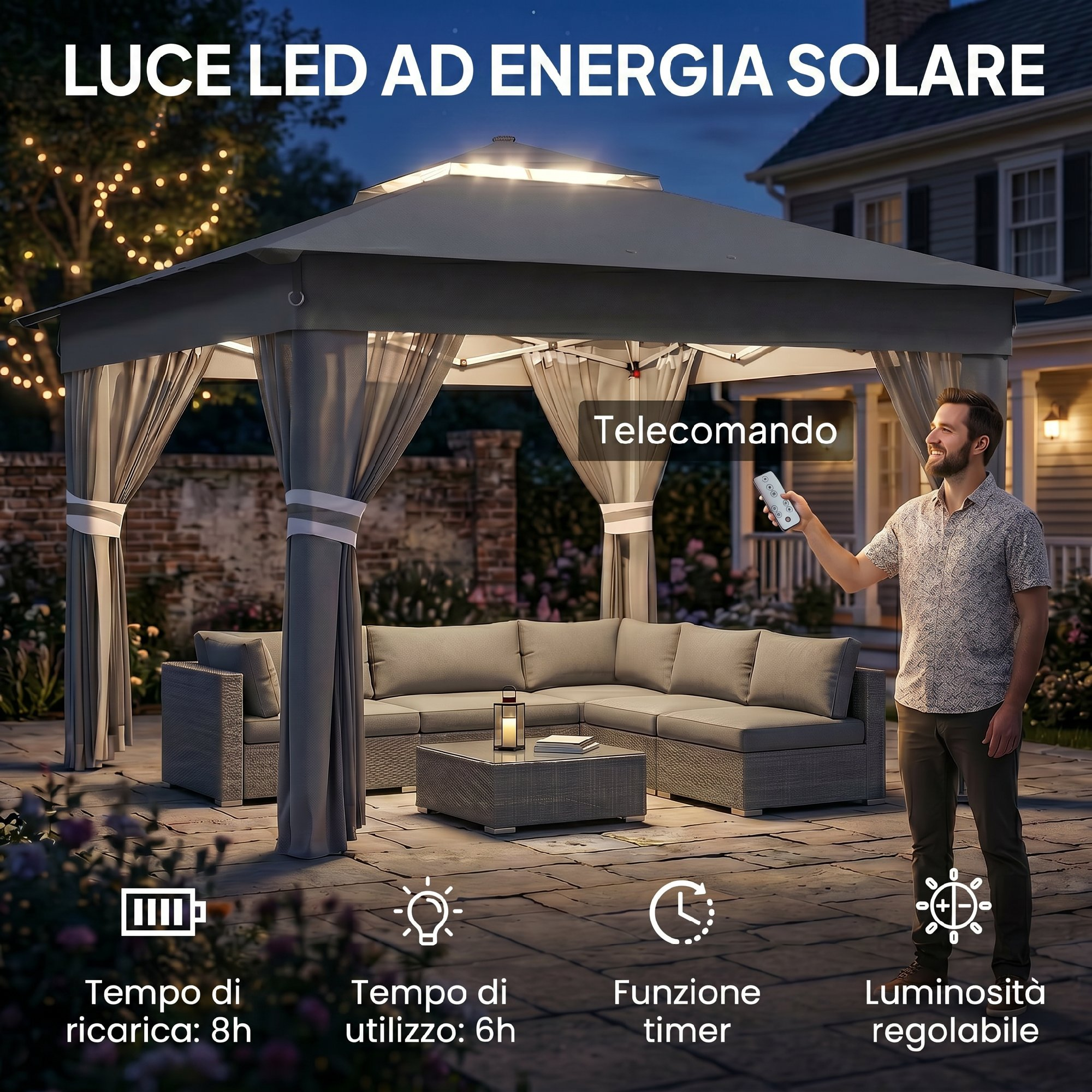 Uomo usa gazebo LED solare con telecomando. Arredamento da giardino, luci.