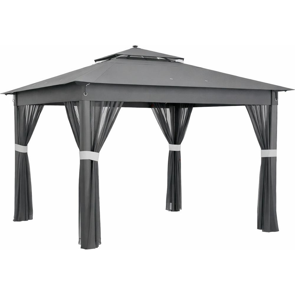 Un gazebo grigio con quattro pali e tende trasparenti.