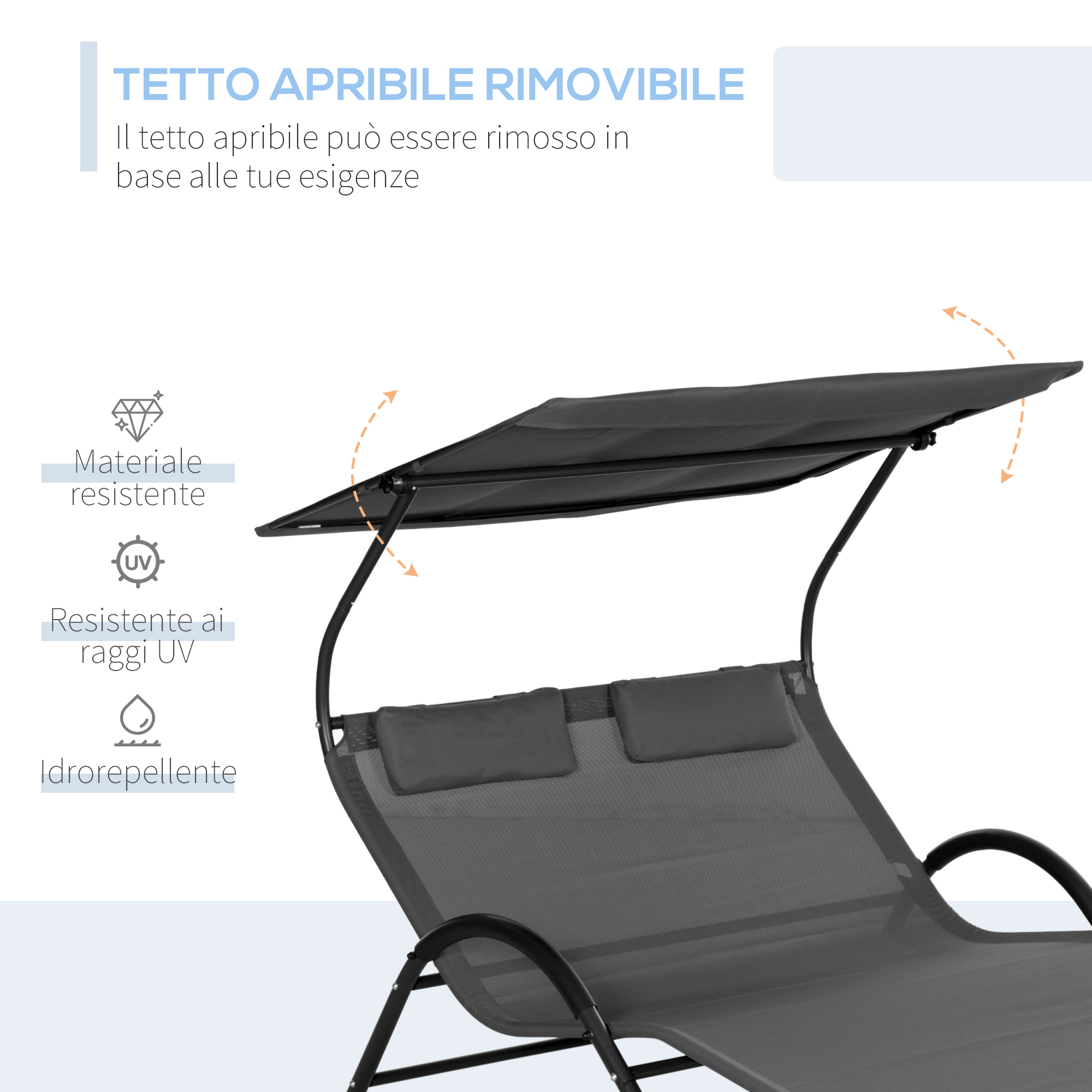 Lettino da esterno grigio con tettuccio rimovibile e seduta in tessuto.
