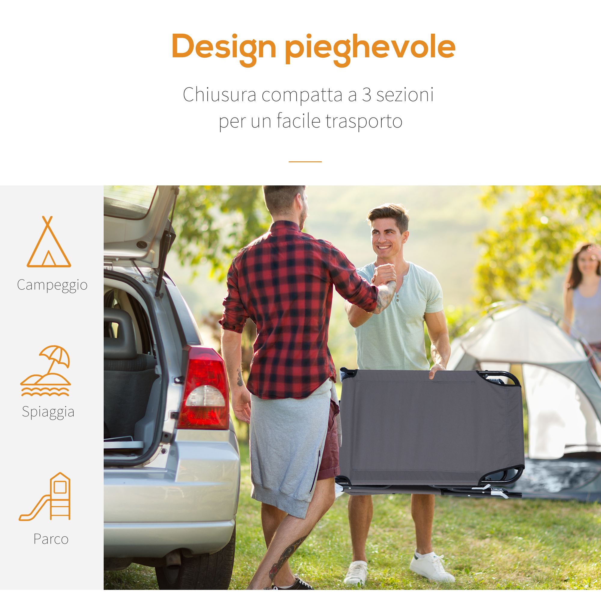 Due uomini portano un lettino da campo grigio accanto a un'auto e una tenda.