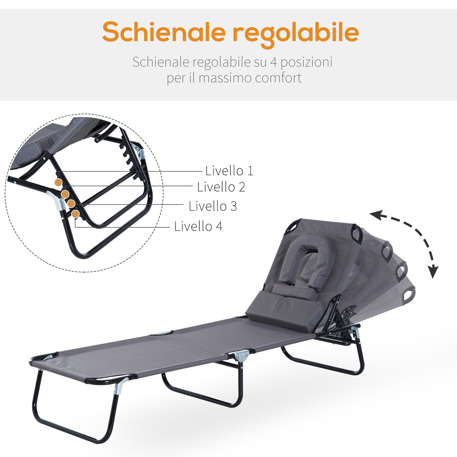 Lettino da spiaggia grigio con schienale regolabile in 4 posizioni.