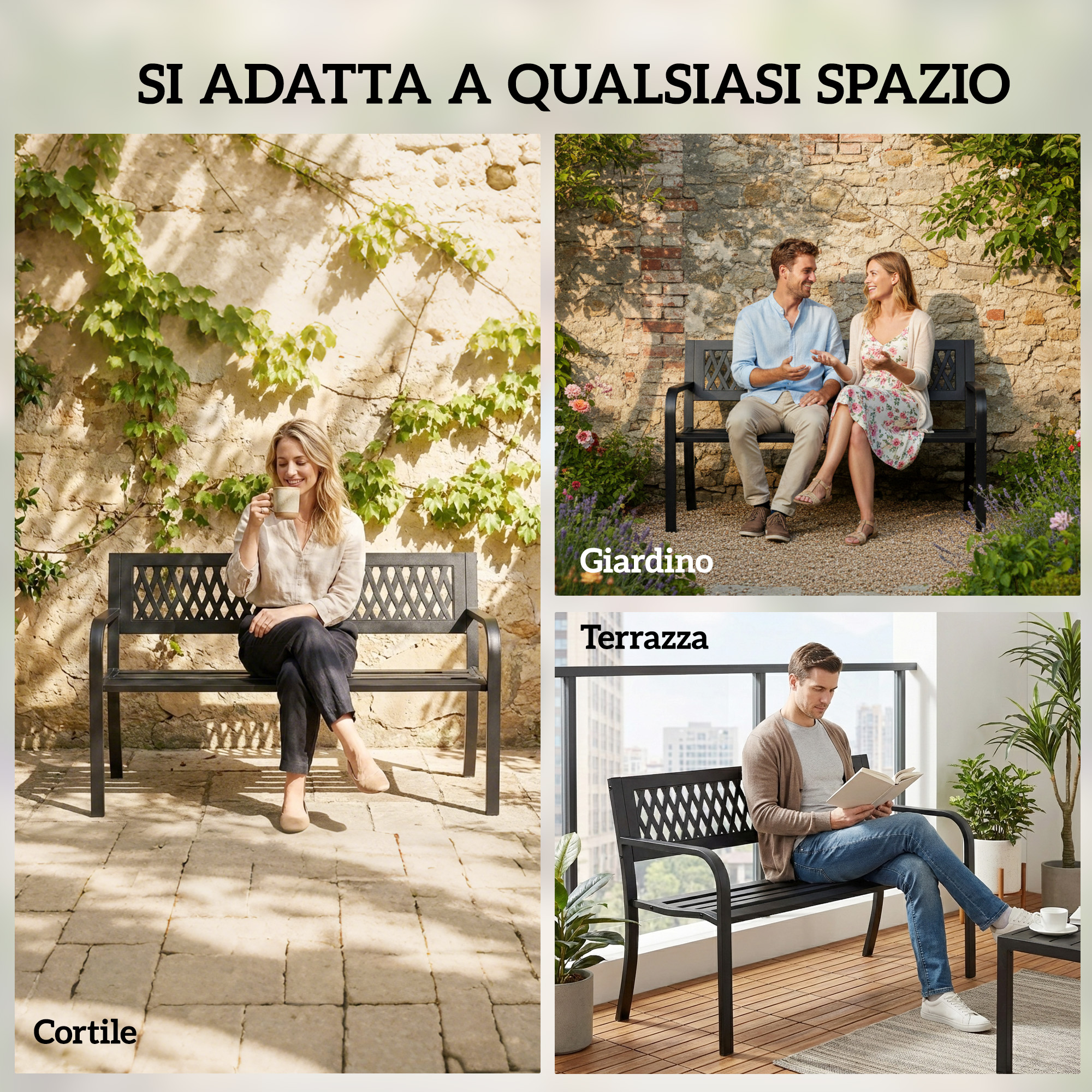 Tre scene: donna beve su panchina cortile, coppia su panca giardino, uomo legge su panca terrazzo.