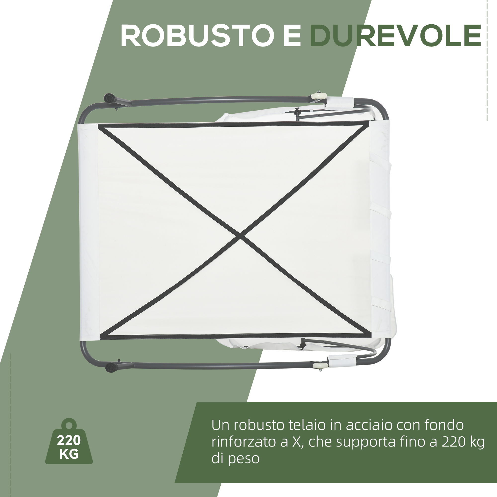 Robusto telaio bianco con rinforzo a X, supporta fino a 220 kg.