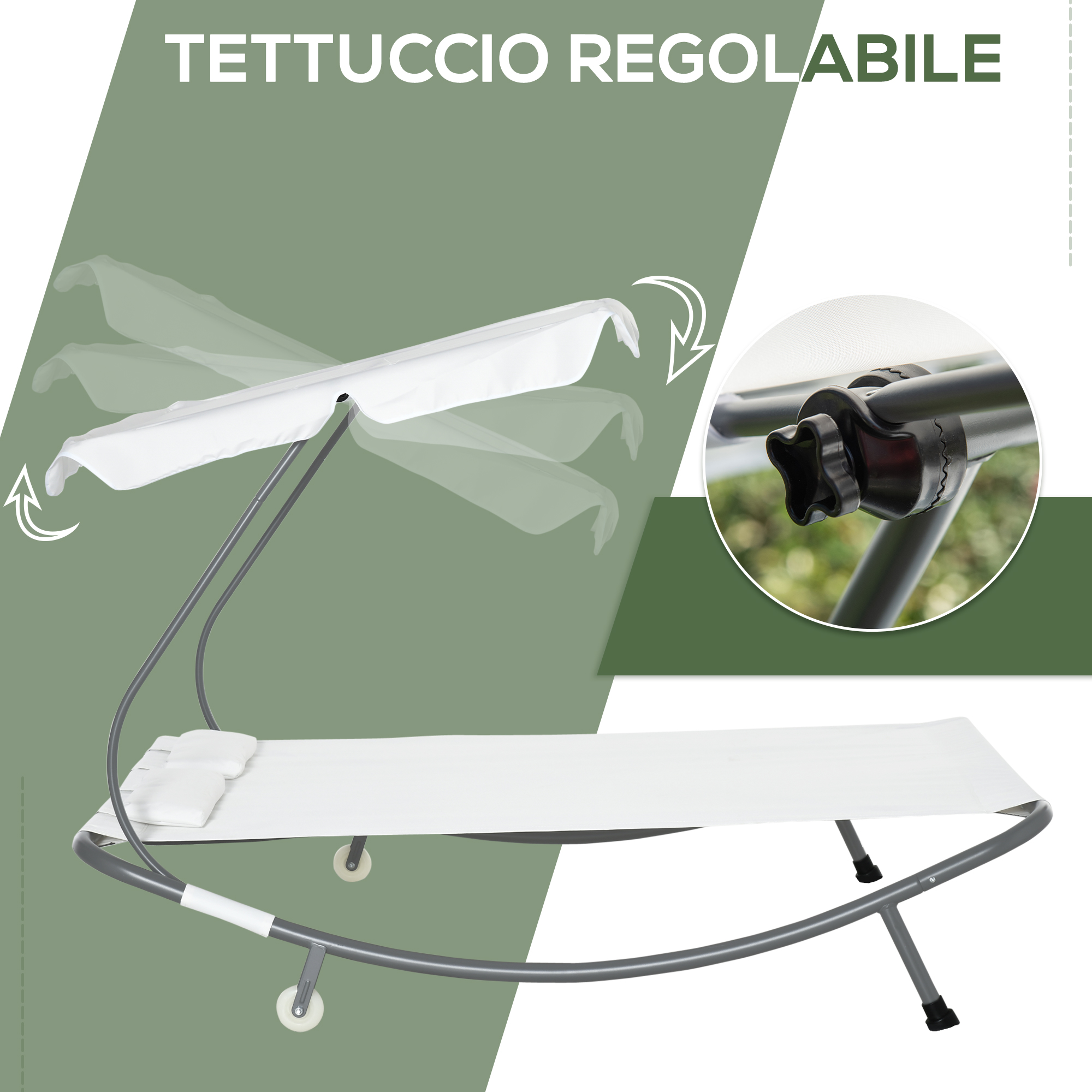 Tendalino regolabile su lettino bianco con cuscini e ruote.