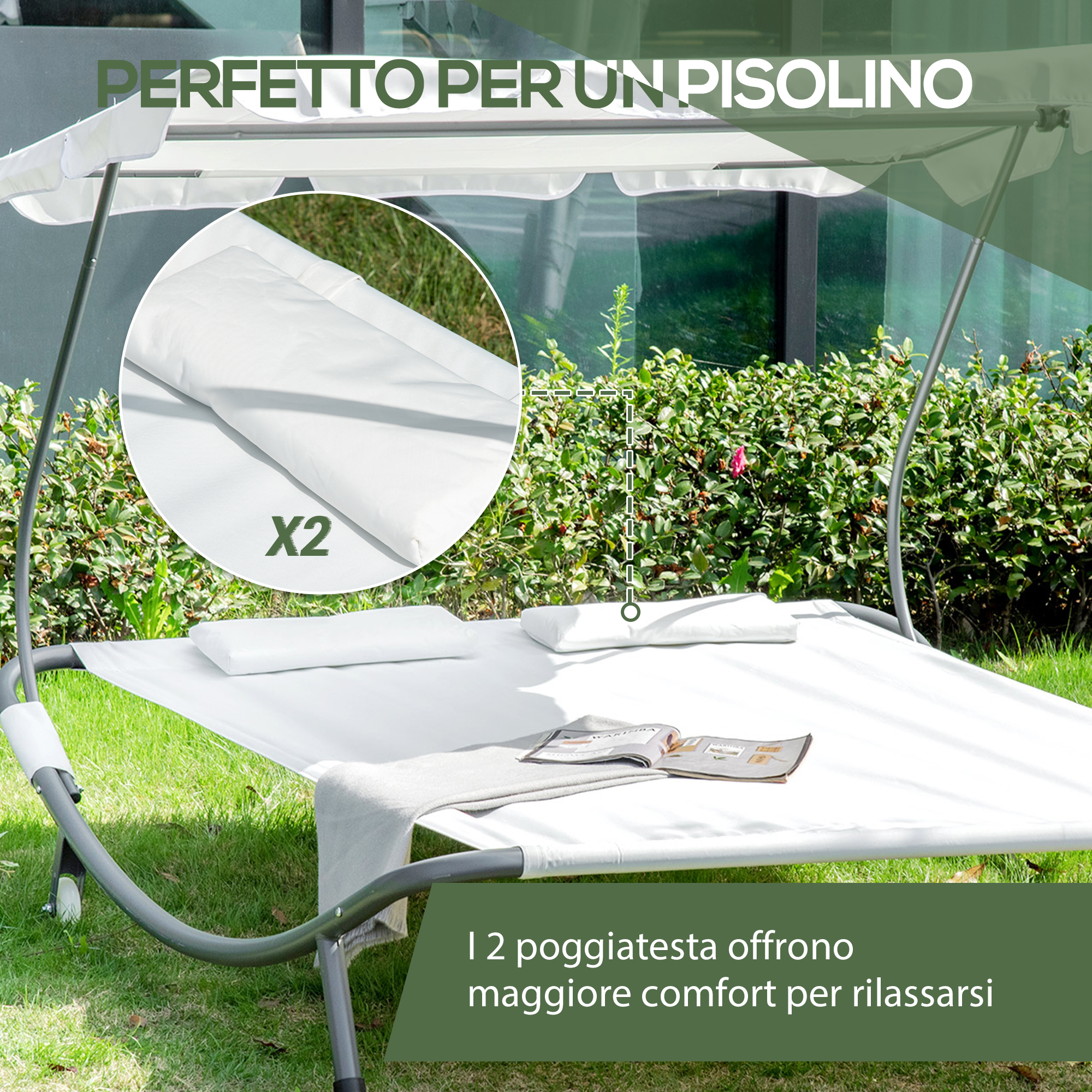 Divano a doppio amaca bianco con tettuccio, cuscini e coperta in giardino.