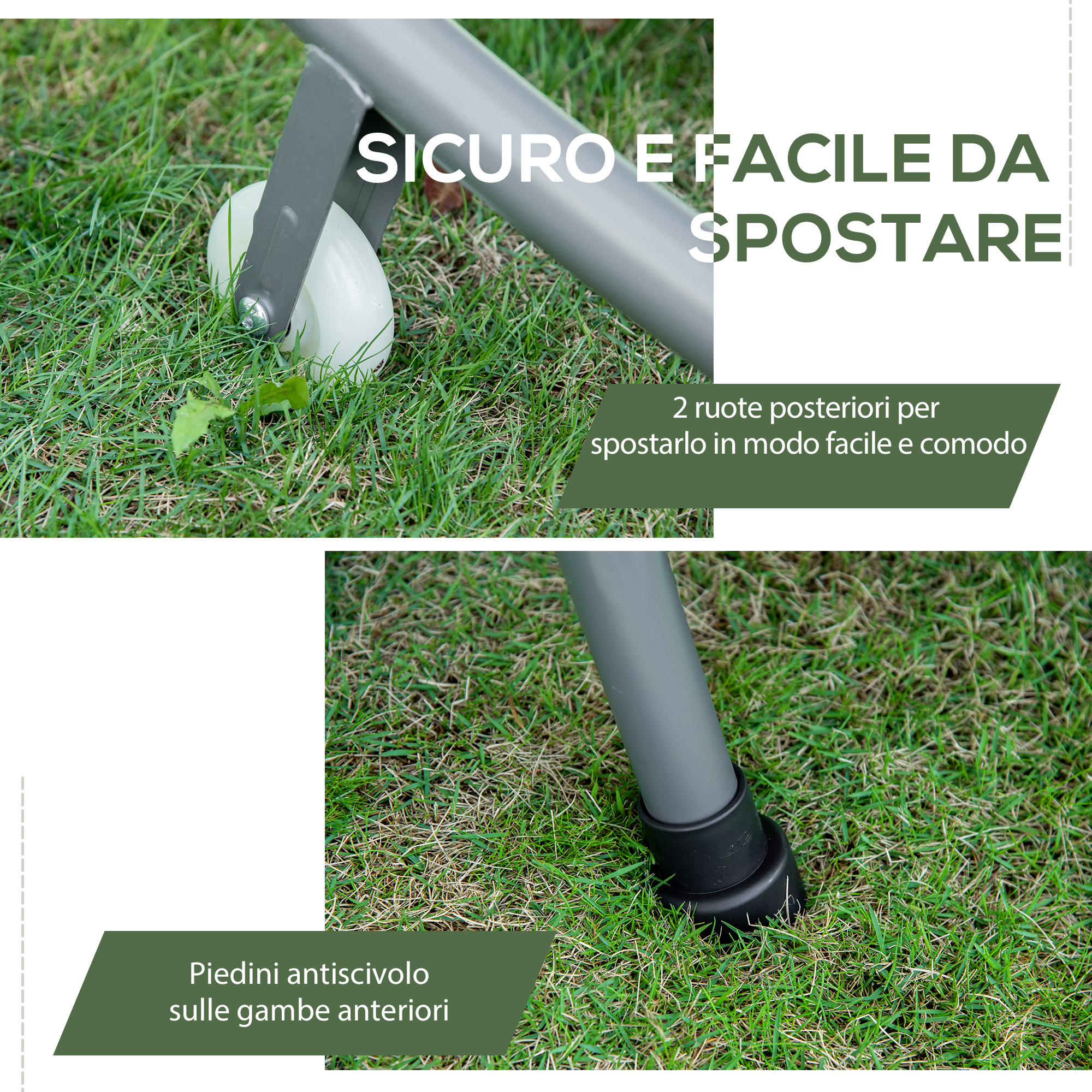 Struttura grigia con ruote e piedini antiscivolo sull'erba.
