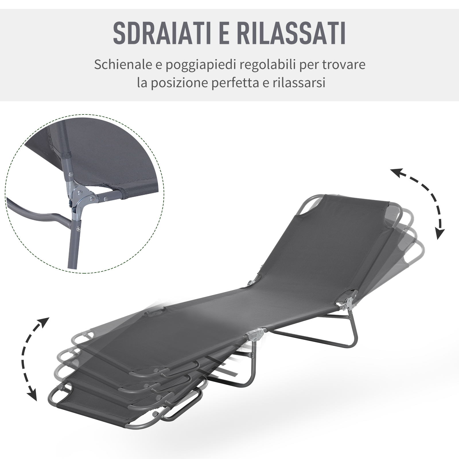 Sdraio grigio con schienale e poggiapiedi regolabili, che mostra più posizioni.