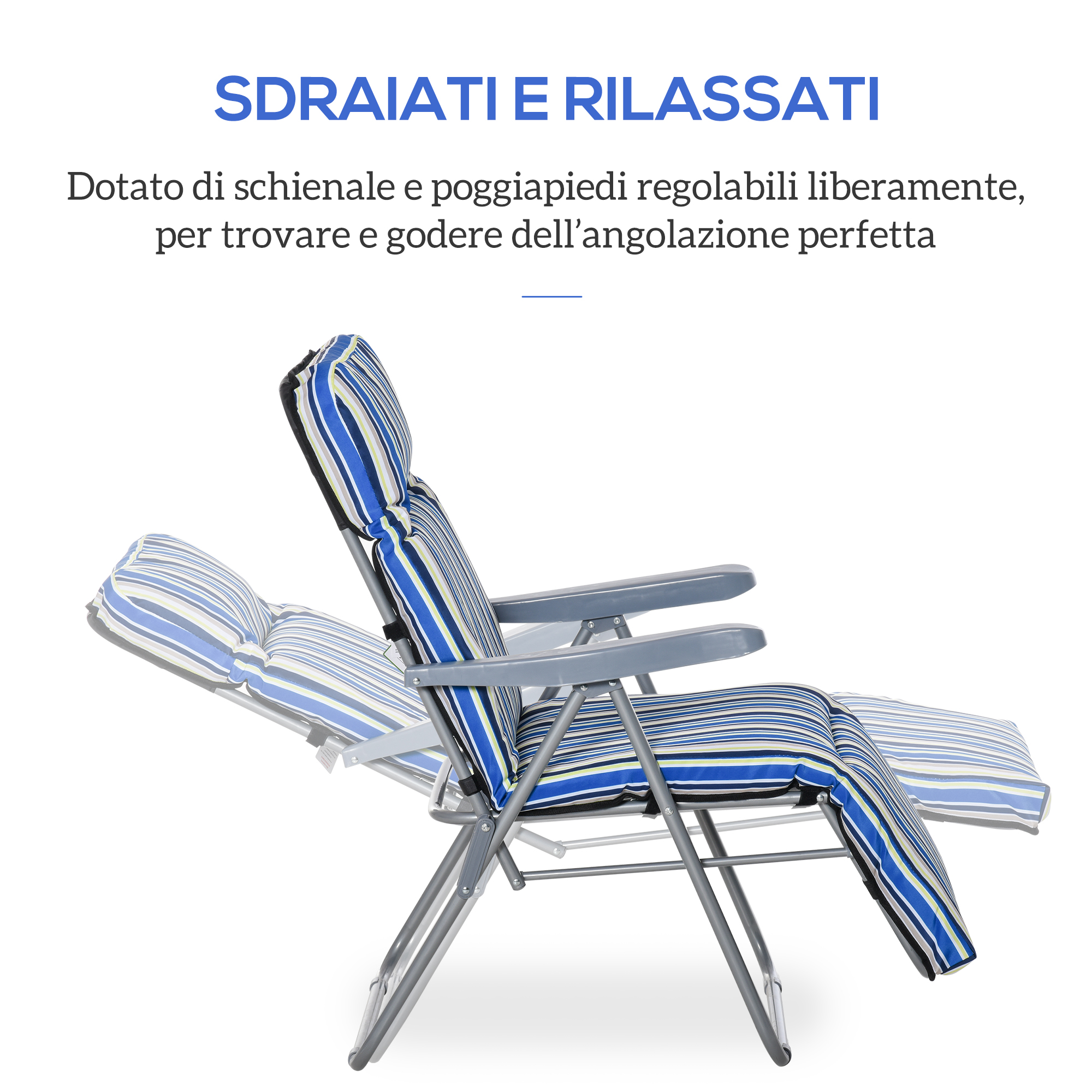 Sdraio a righe blu con schienale e poggiapiedi regolabili.