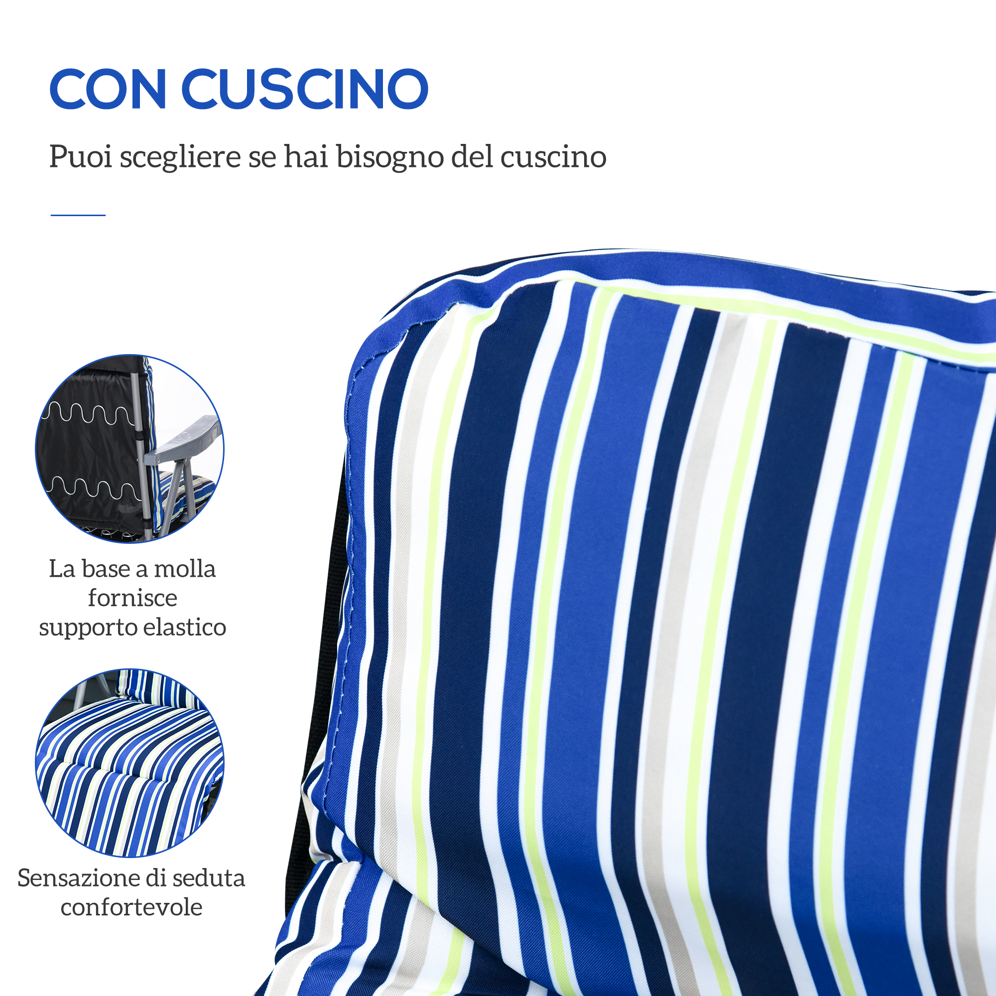 Cuscino a righe blu con base a molla elastica per seduta comoda.